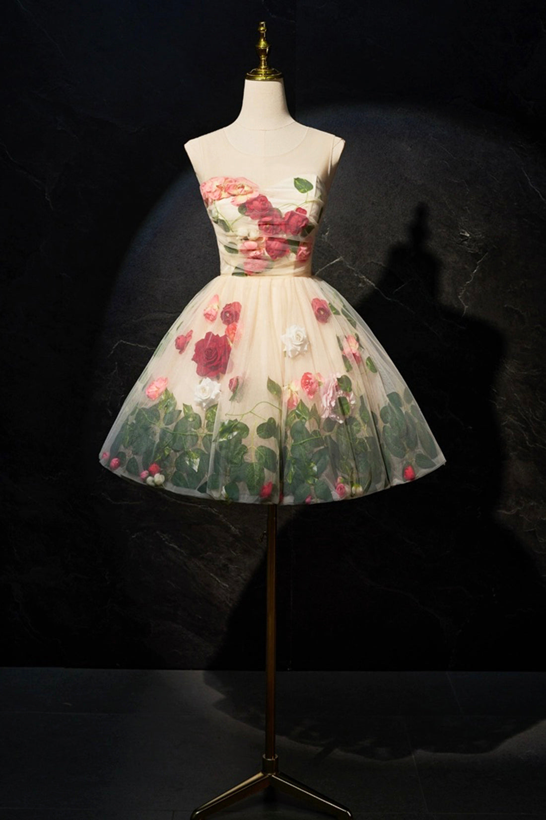 Cute Scoop Neck Short Prom Dress with Flowers, Champagne A-Line Party Dress