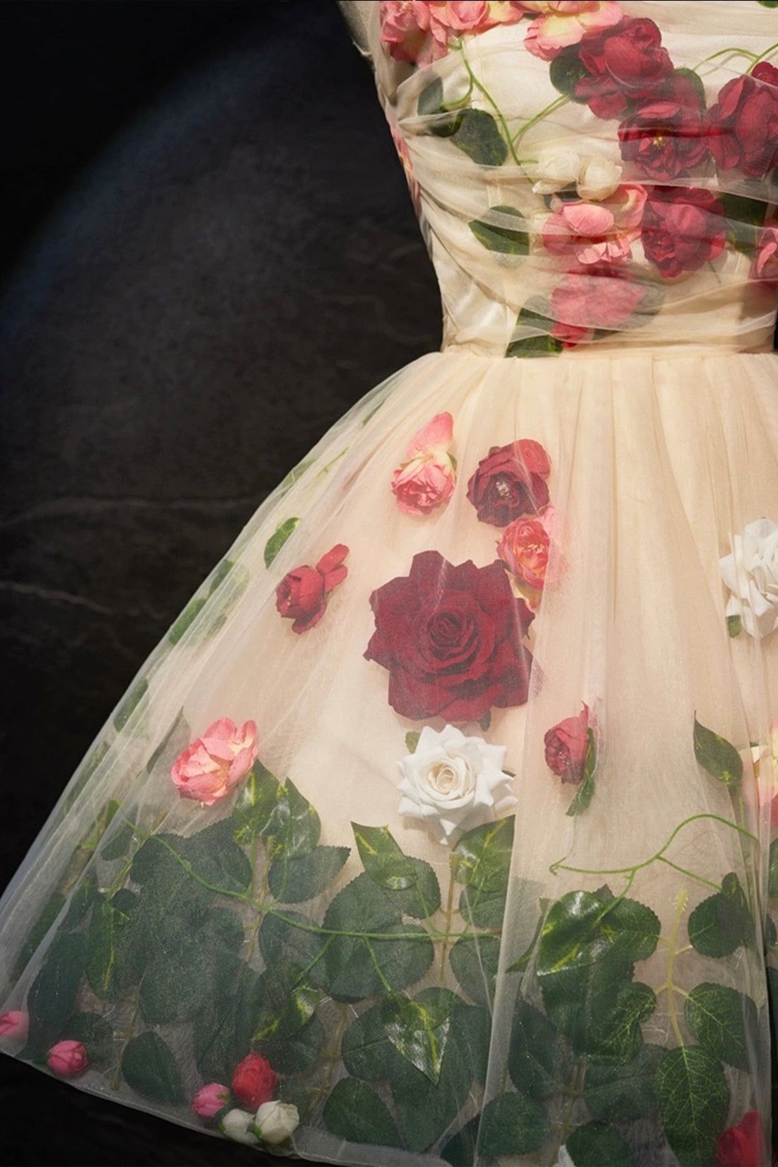 Cute Scoop Neck Short Prom Dress with Flowers, Champagne A-Line Party Dress