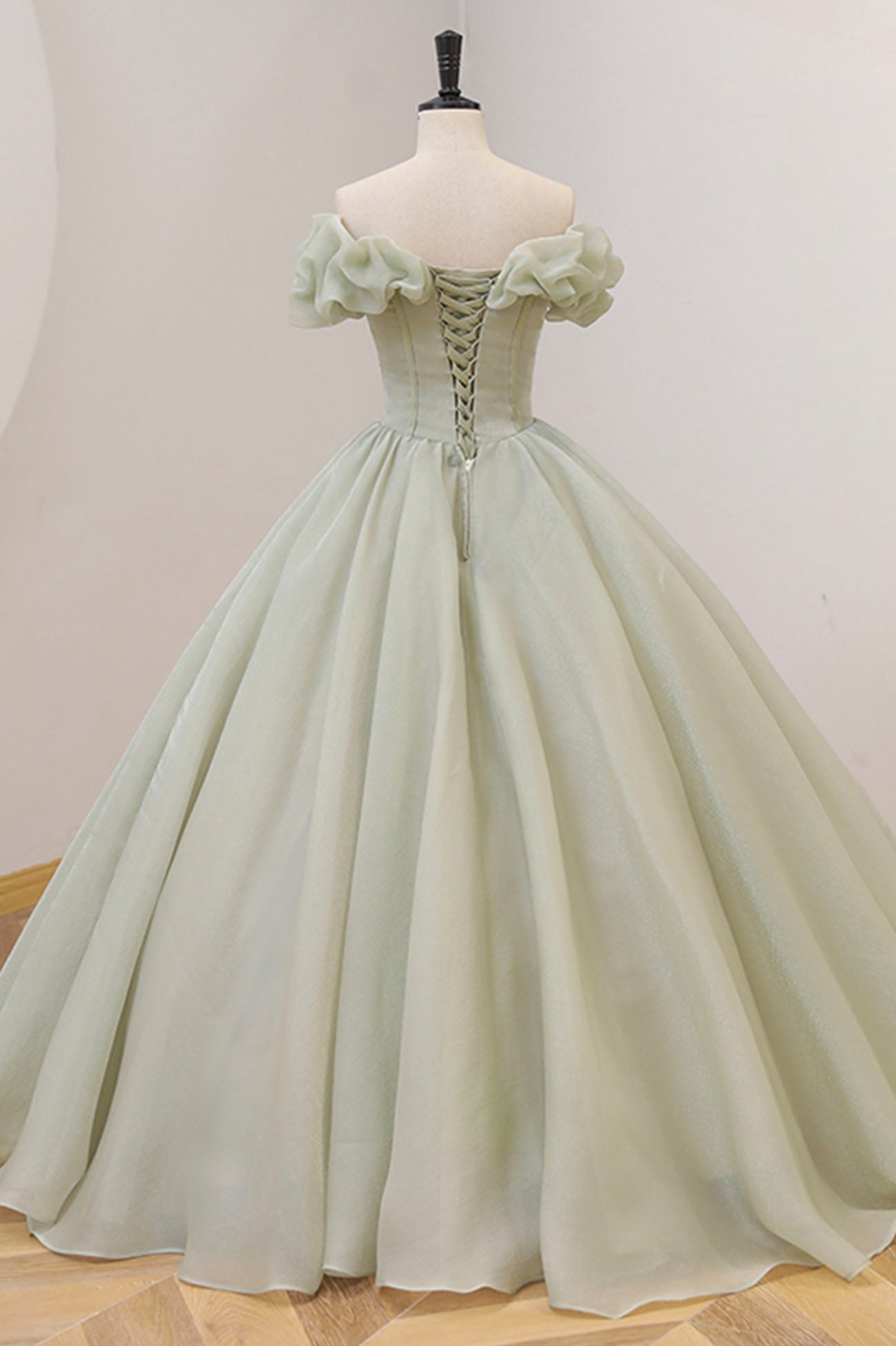 Green A-Line Tulle Long Prom Dress with Beaded, Off the Shoulder Evening Dress