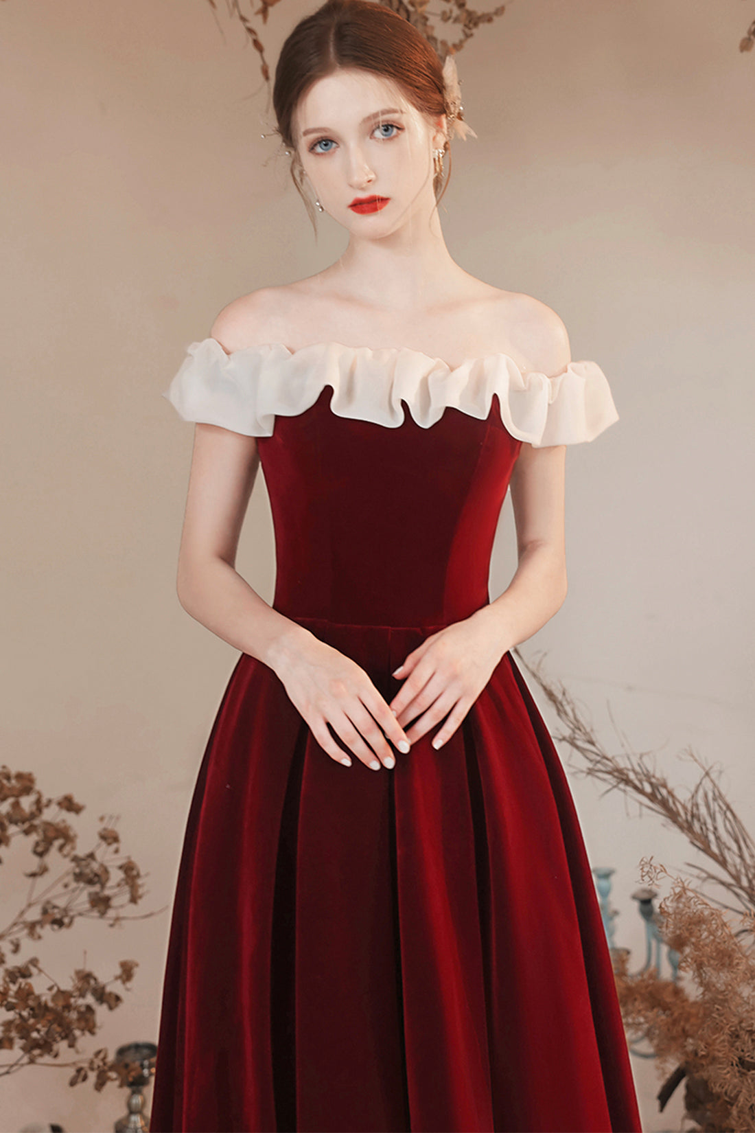Burgundy Velvet Off Shoulder Long Prom Dress, Burgundy A Line Evening Dress