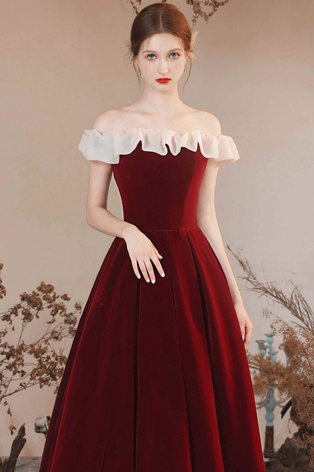 Burgundy Velvet Off Shoulder Long Prom Dress, Burgundy A Line Evening Dress