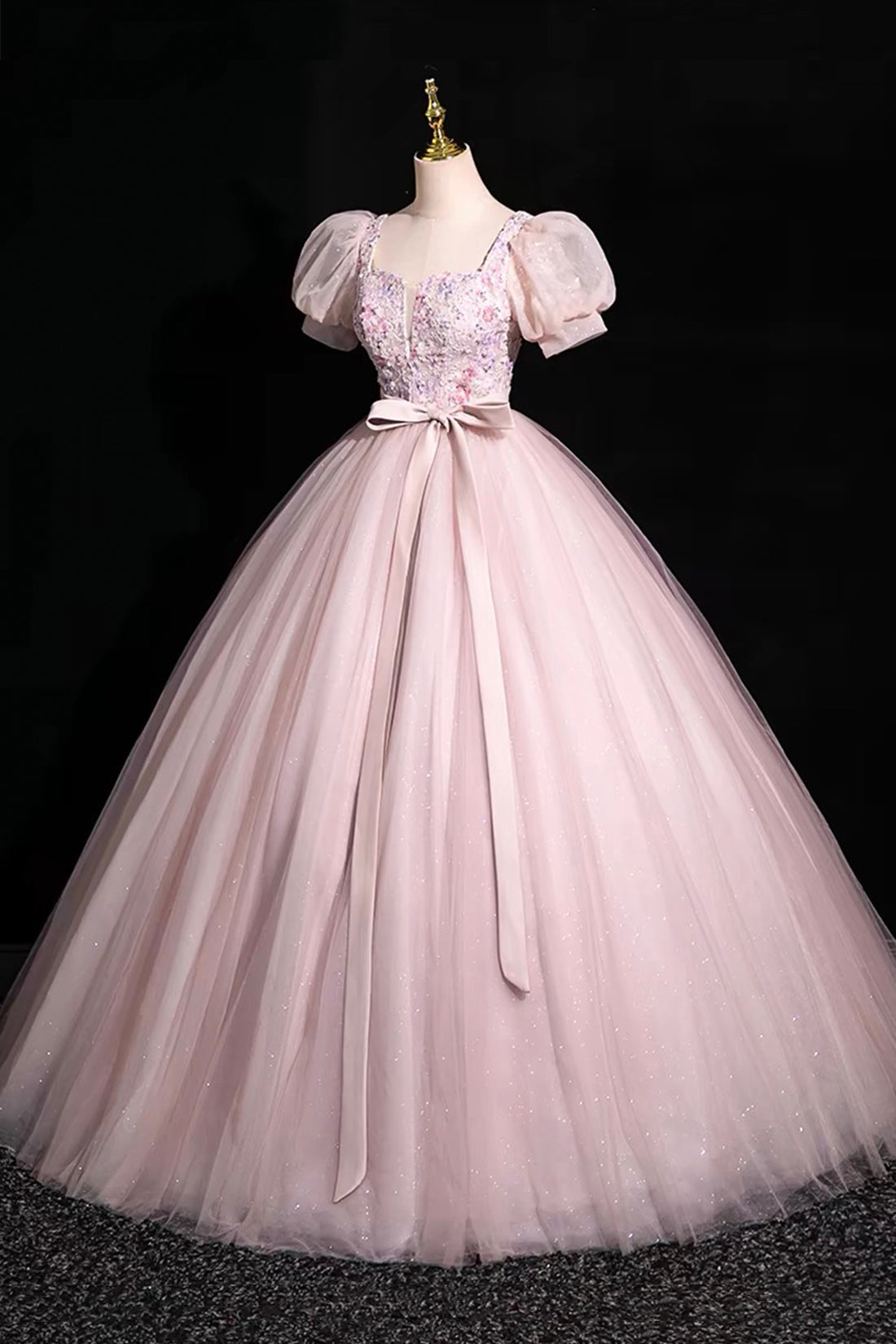 Pink Tulle Floral Floor Length Prom Dress, A-Line Short Sleeve Evening Dress