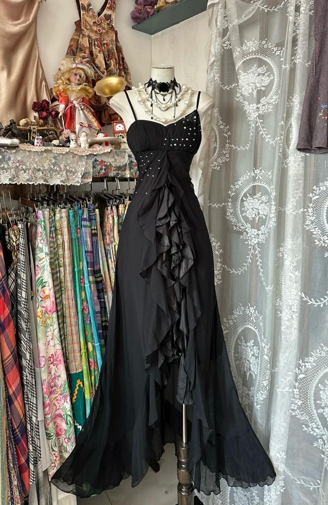 Vestidos de fiesta largos vintage de gasa negra con tirantes finos