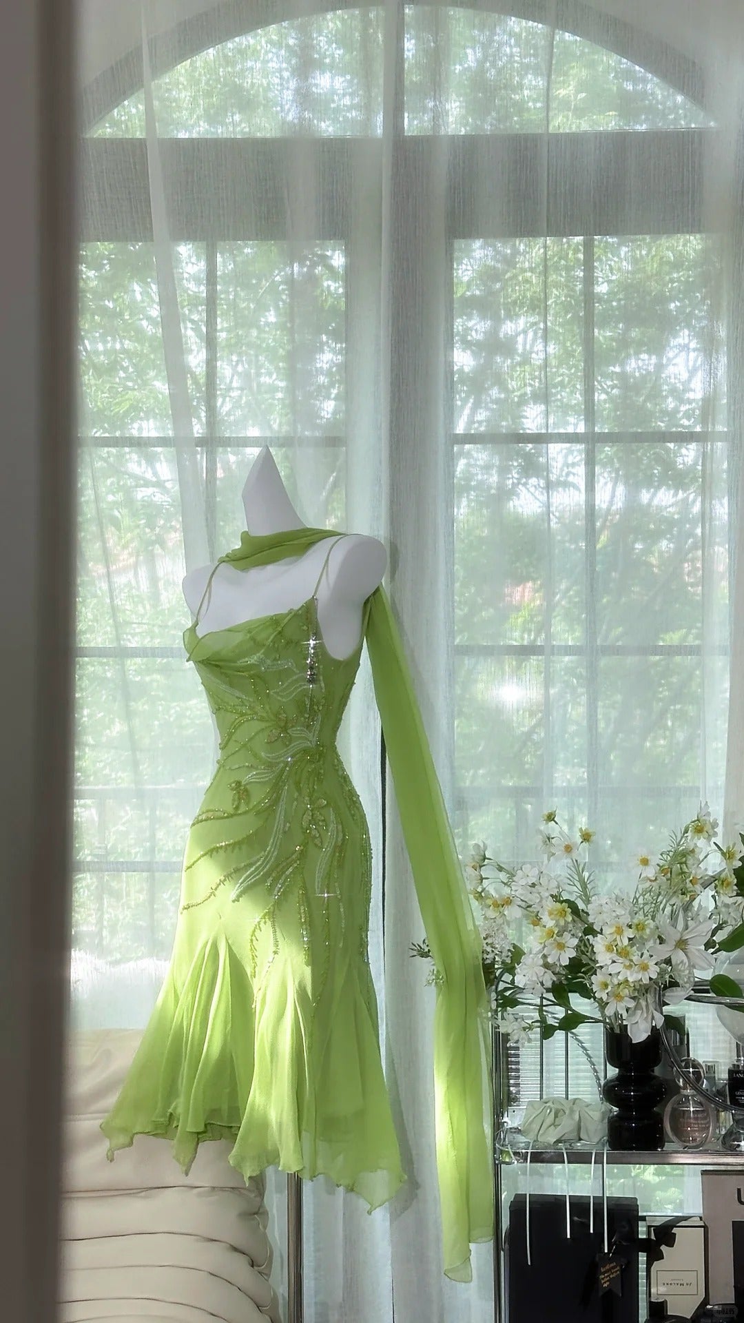 Chic Green Sequin Spaghetti Strap A-line Chiffon Party Dresses Homecoming Dresses, TP3780