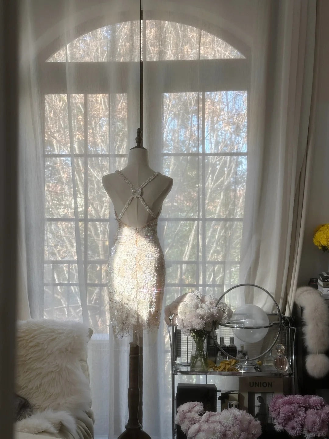 Vintage Beige Sequin Beading Appliques Spaghetti Strap A-line V-neck Party Dresses Homecoming Dresses, TP3782