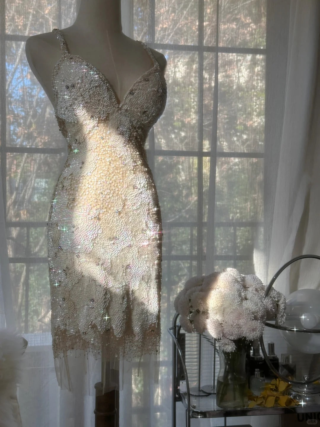 Vintage Beige Sequin Beading Appliques Spaghetti Strap A-line V-neck Party Dresses Homecoming Dresses, TP3782