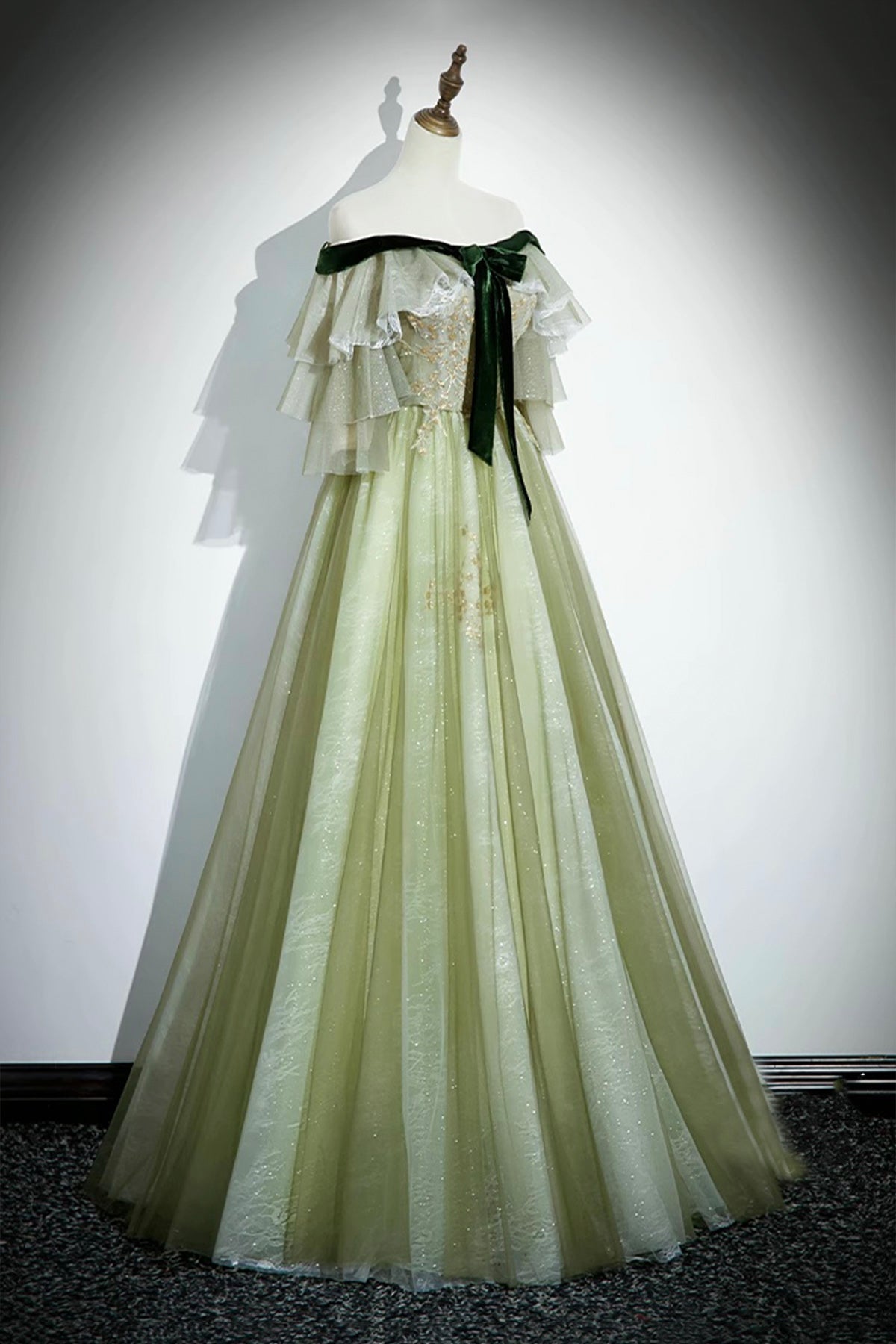 Green Tulle Sequins Long Prom Dress, Off the Shoulder A-Line Evening Dress