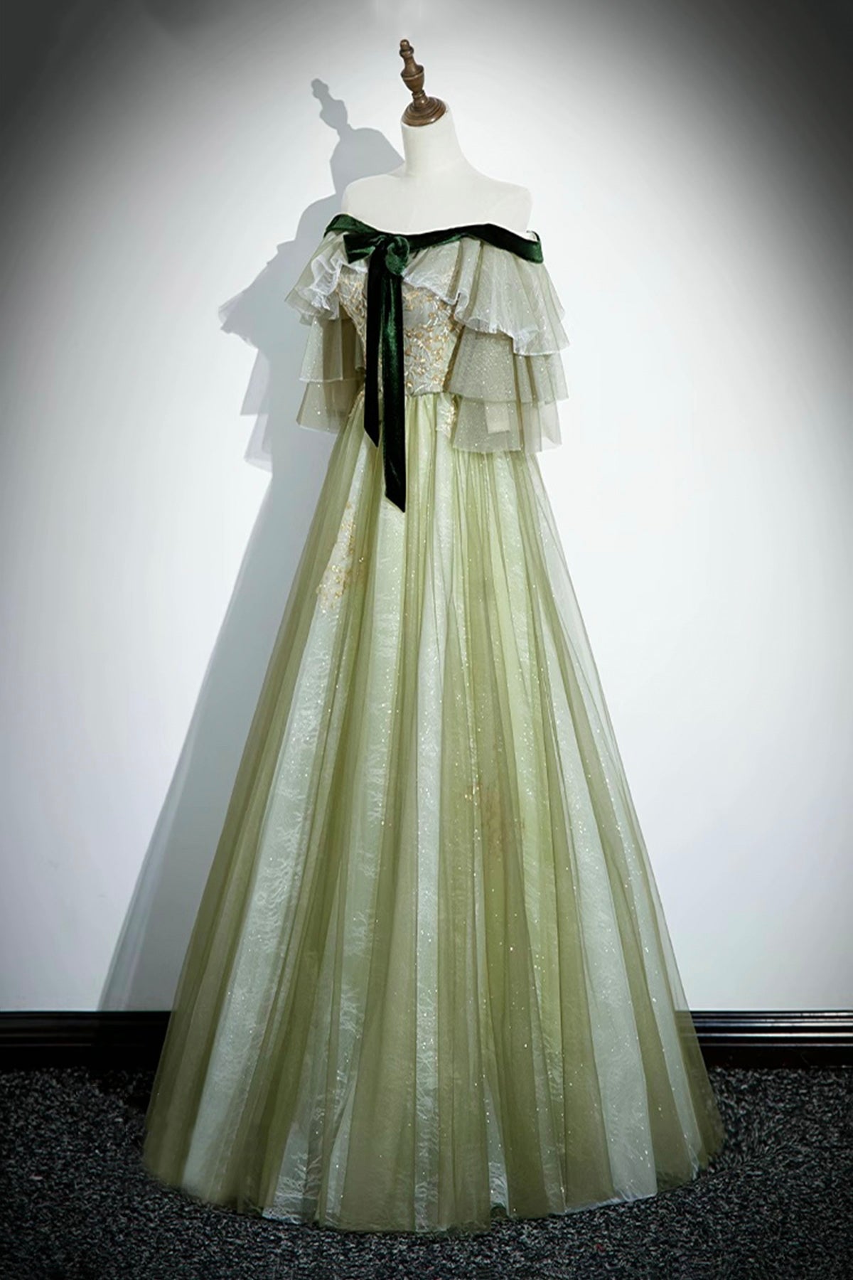 Green Tulle Sequins Long Prom Dress, Off the Shoulder A-Line Evening Dress