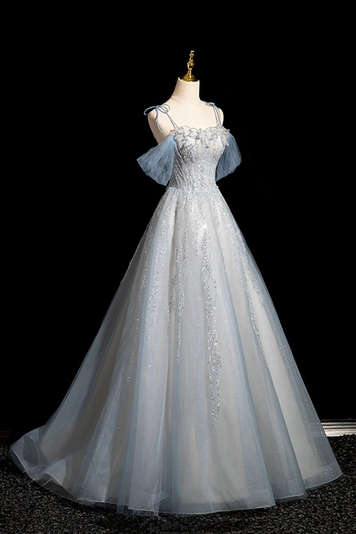 Blue Tulle Sequins Long Prom Dress, Shiny A-Line Party Dress