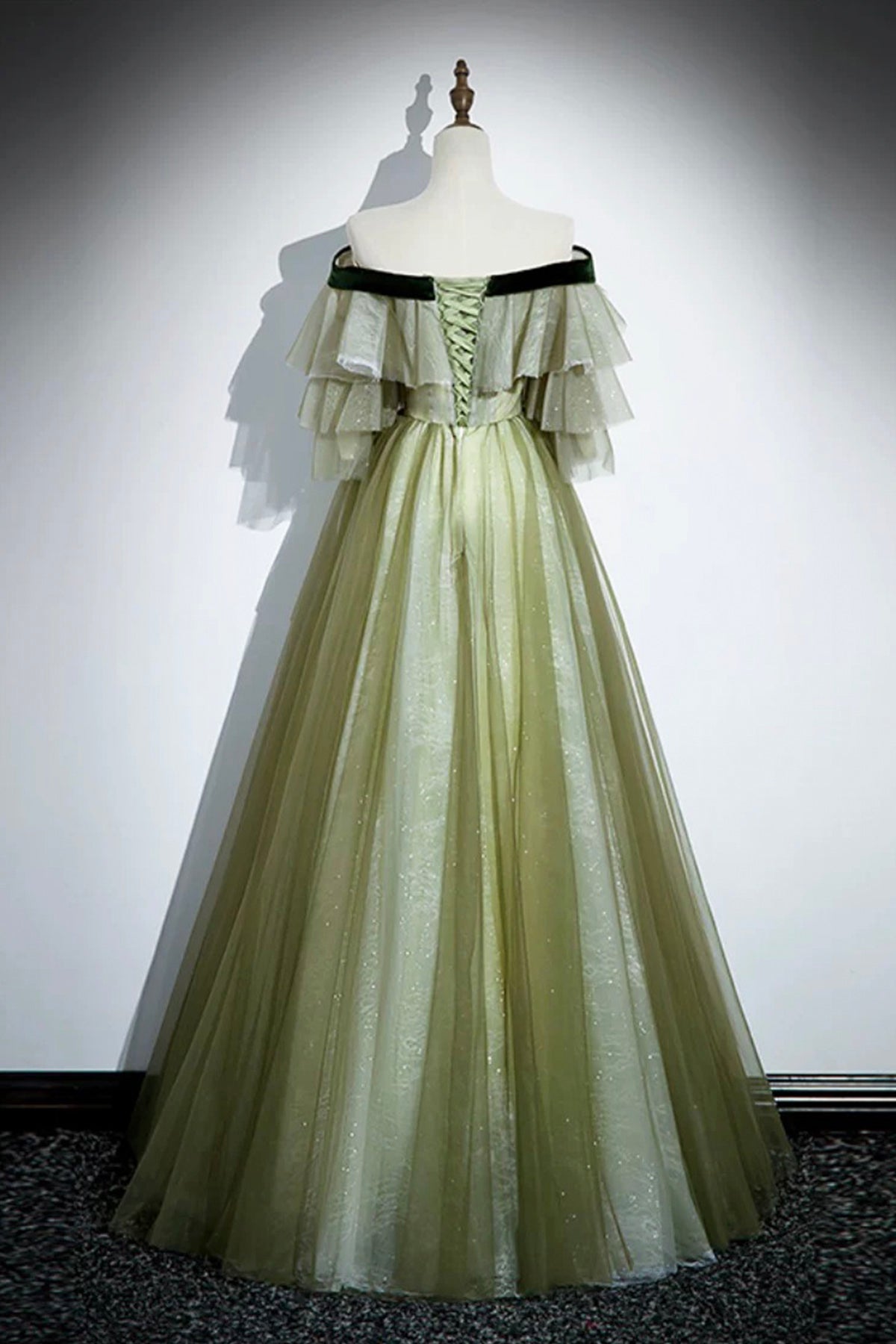 Green Tulle Sequins Long Prom Dress, Off the Shoulder A-Line Evening Dress