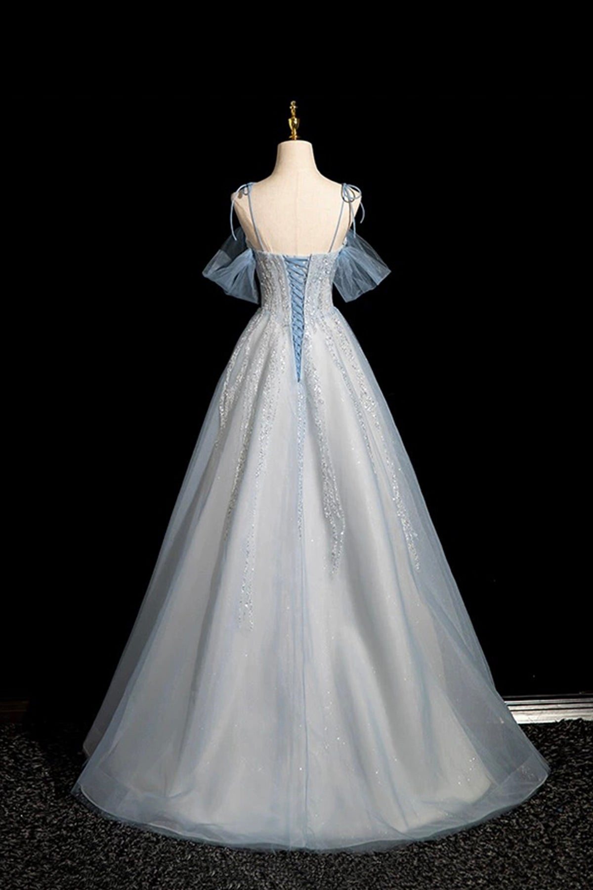 Blue Tulle Sequins Long Prom Dress, Shiny A-Line Party Dress