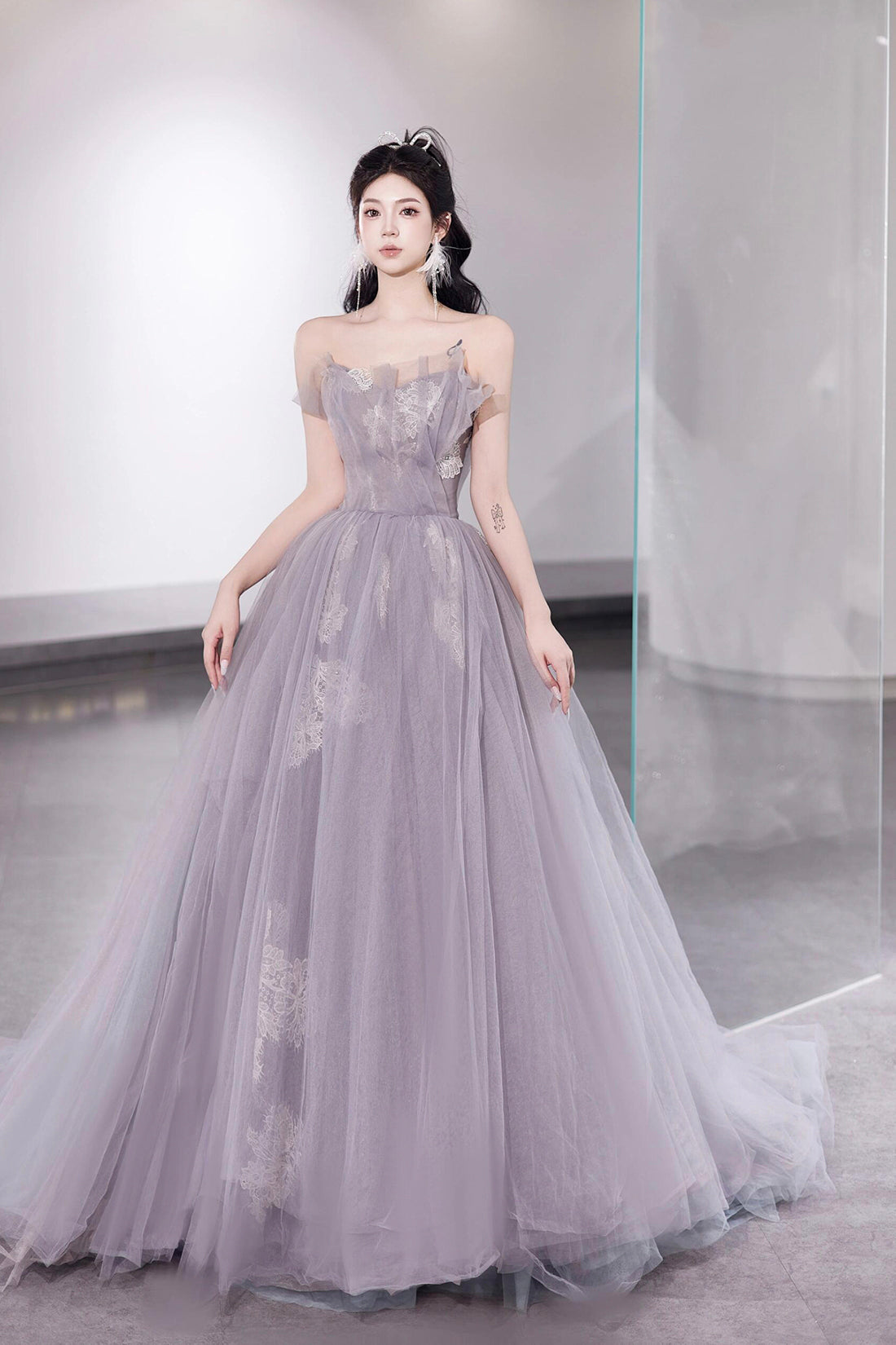 Light Purple Tulle Lace Long Prom Dress, Beautiful Strapless Evening Party Dress