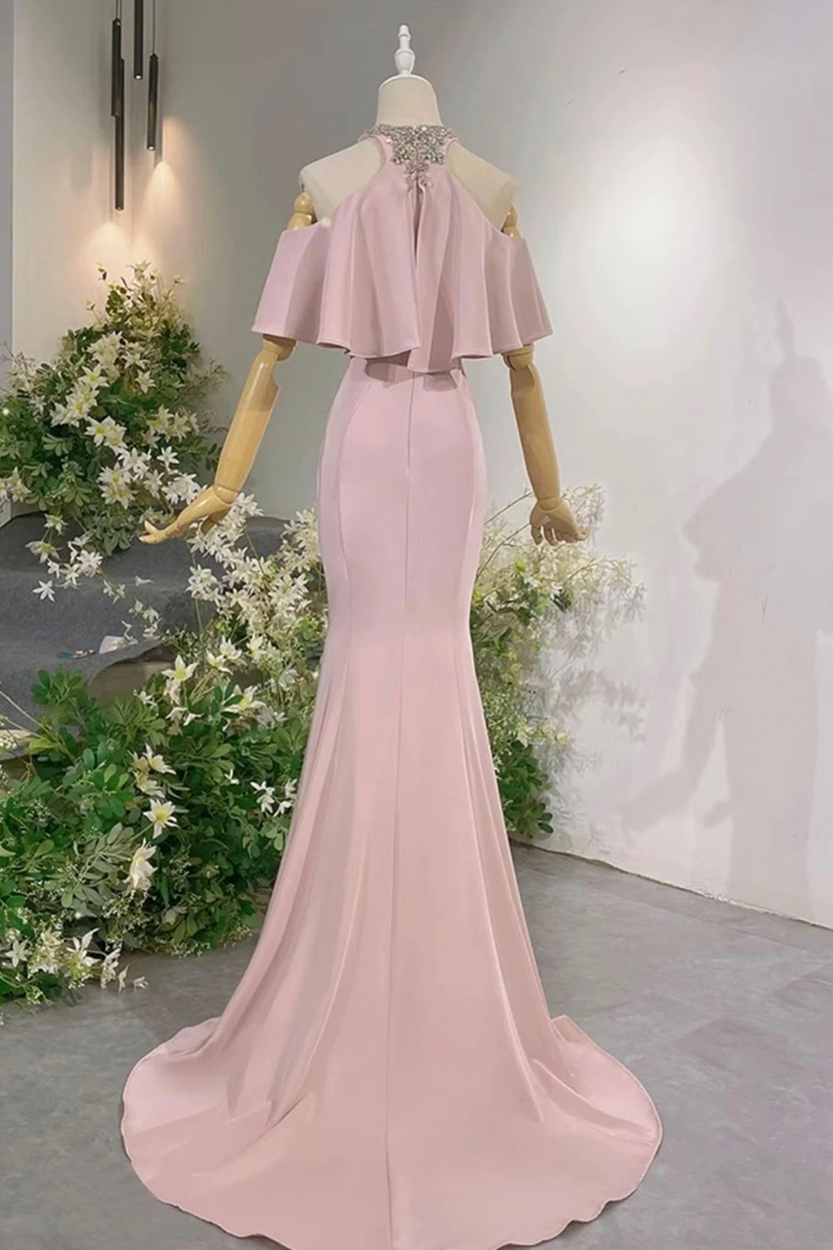 Black/Pink Halter Long Prom Dress, Mermaid Off the Shoulder Evening Party Dress