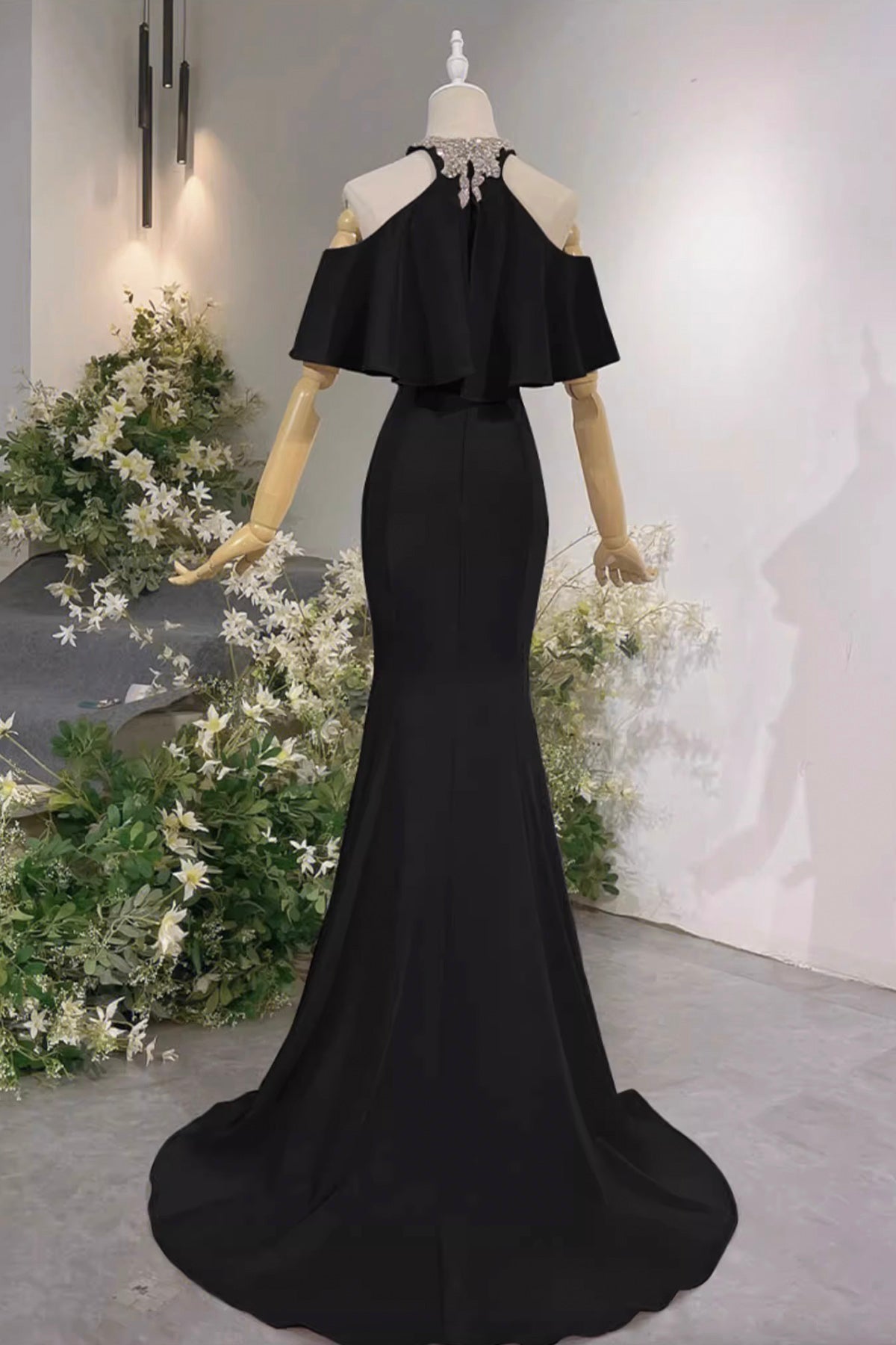 Black/Pink Halter Long Prom Dress, Mermaid Off the Shoulder Evening Party Dress