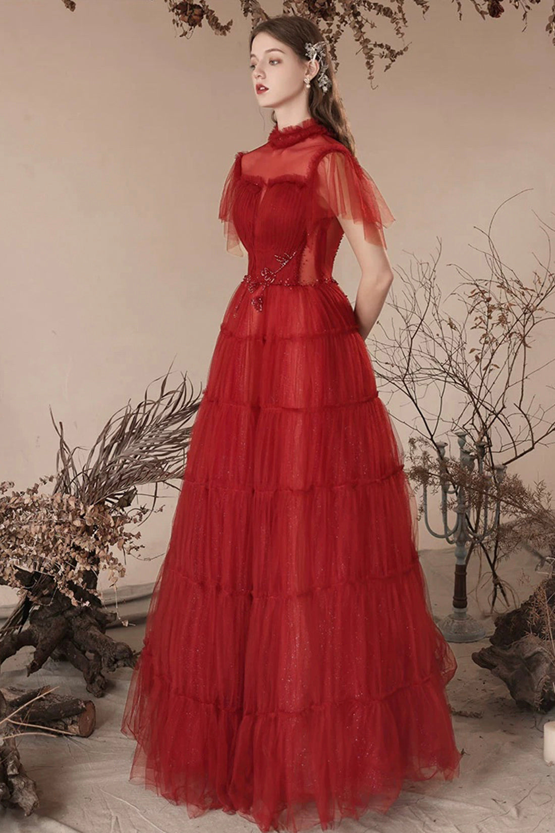 Lovely Tulle Beaded Floor Length Prom Dress, Beautiful Dark Red A-Line Evening Dress