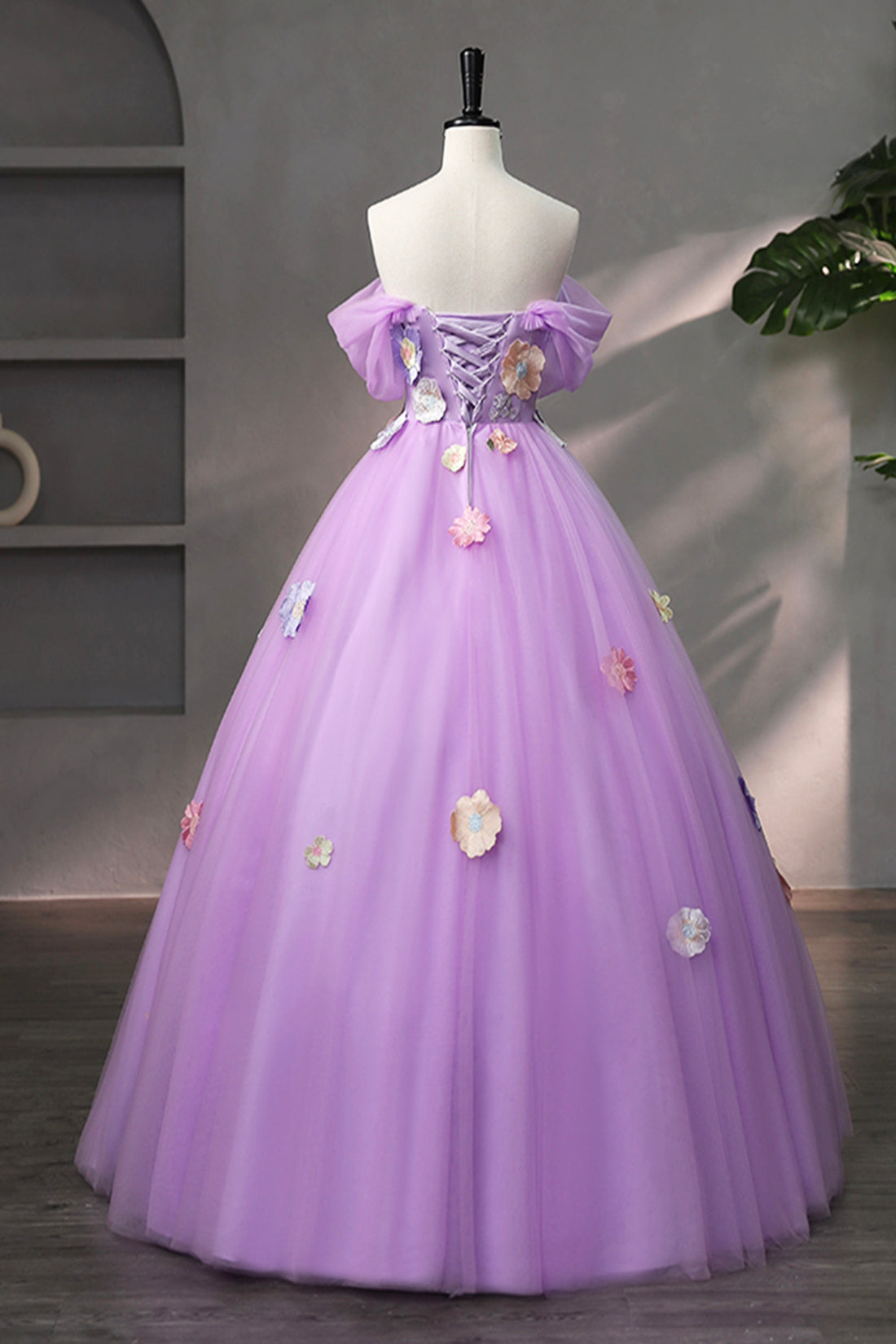 Purple Tulle Lace Long Prom Dress with Lace, Beautiful Off the Shoulder Evening Dress