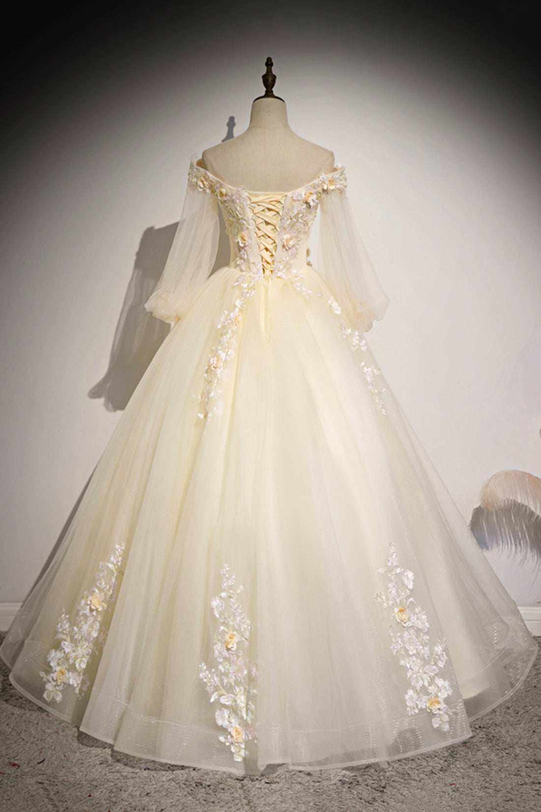 Champagne Tulle Lace Floor Length Prom Dress, Off Shoulder Long Sleeve Evening Dress