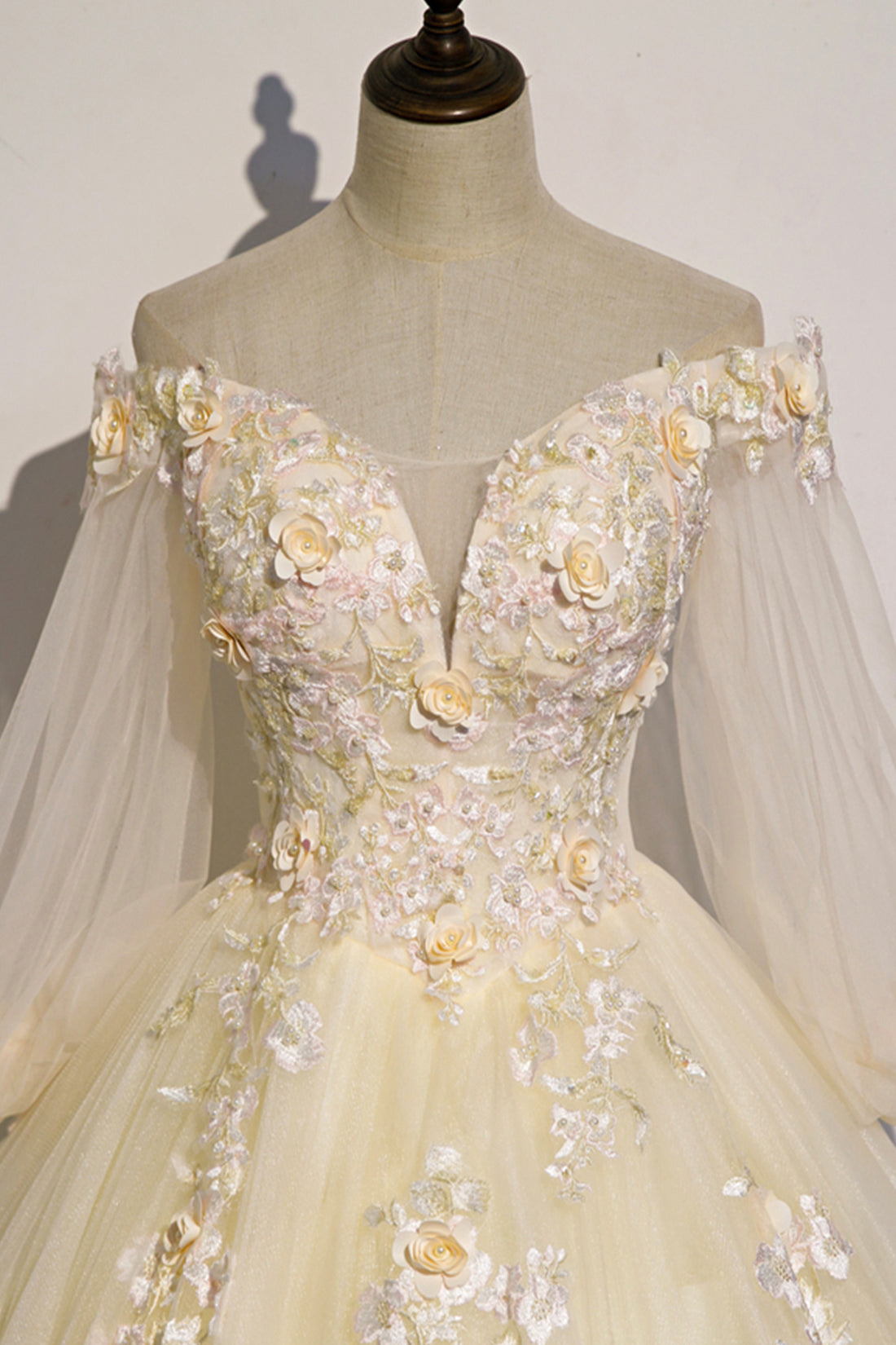 Champagne Tulle Lace Floor Length Prom Dress, Off Shoulder Long Sleeve Evening Dress
