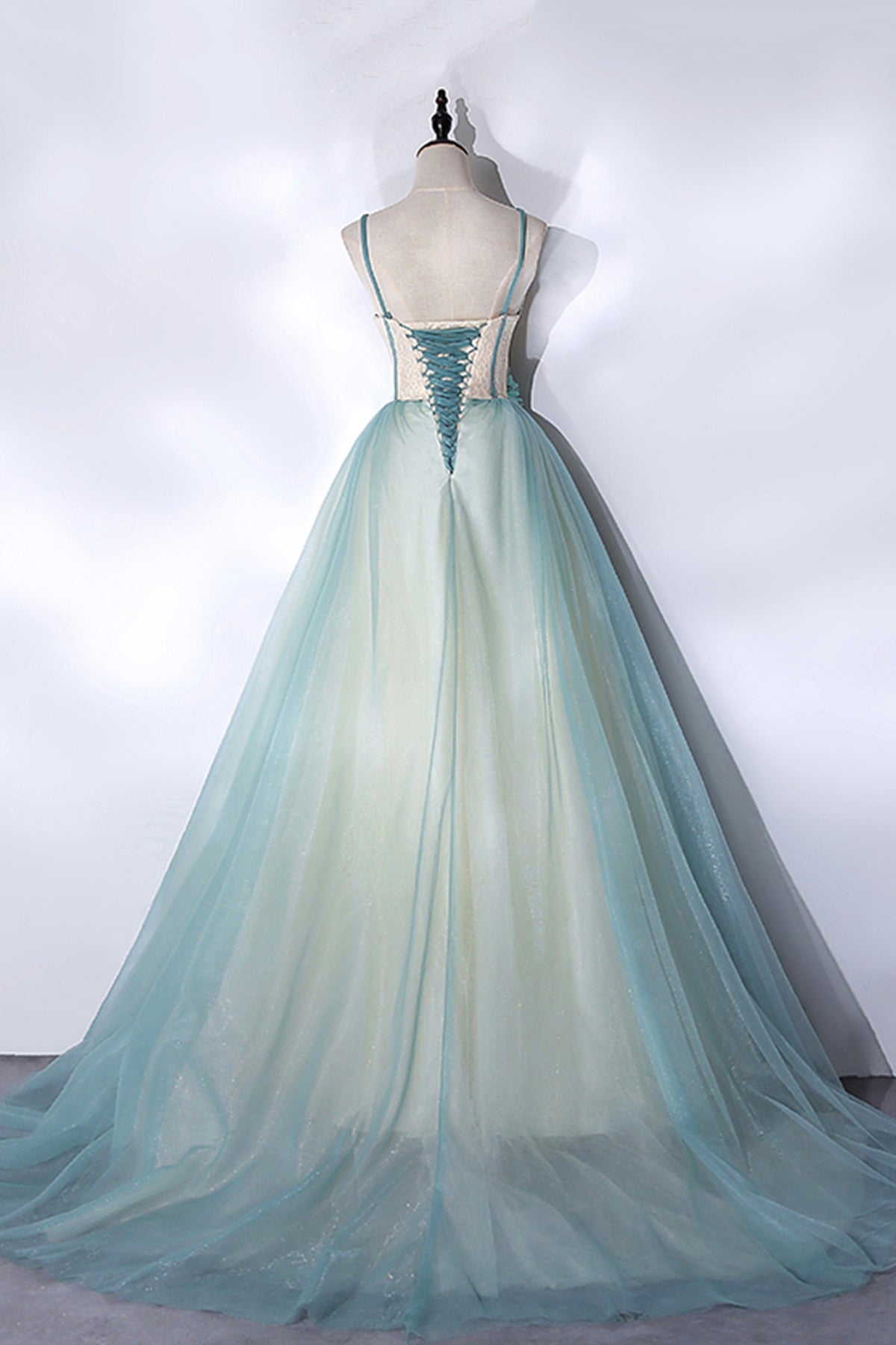Green Tulle Long A-Line Prom Dress, Green Spaghetti Straps Graduation Dress
