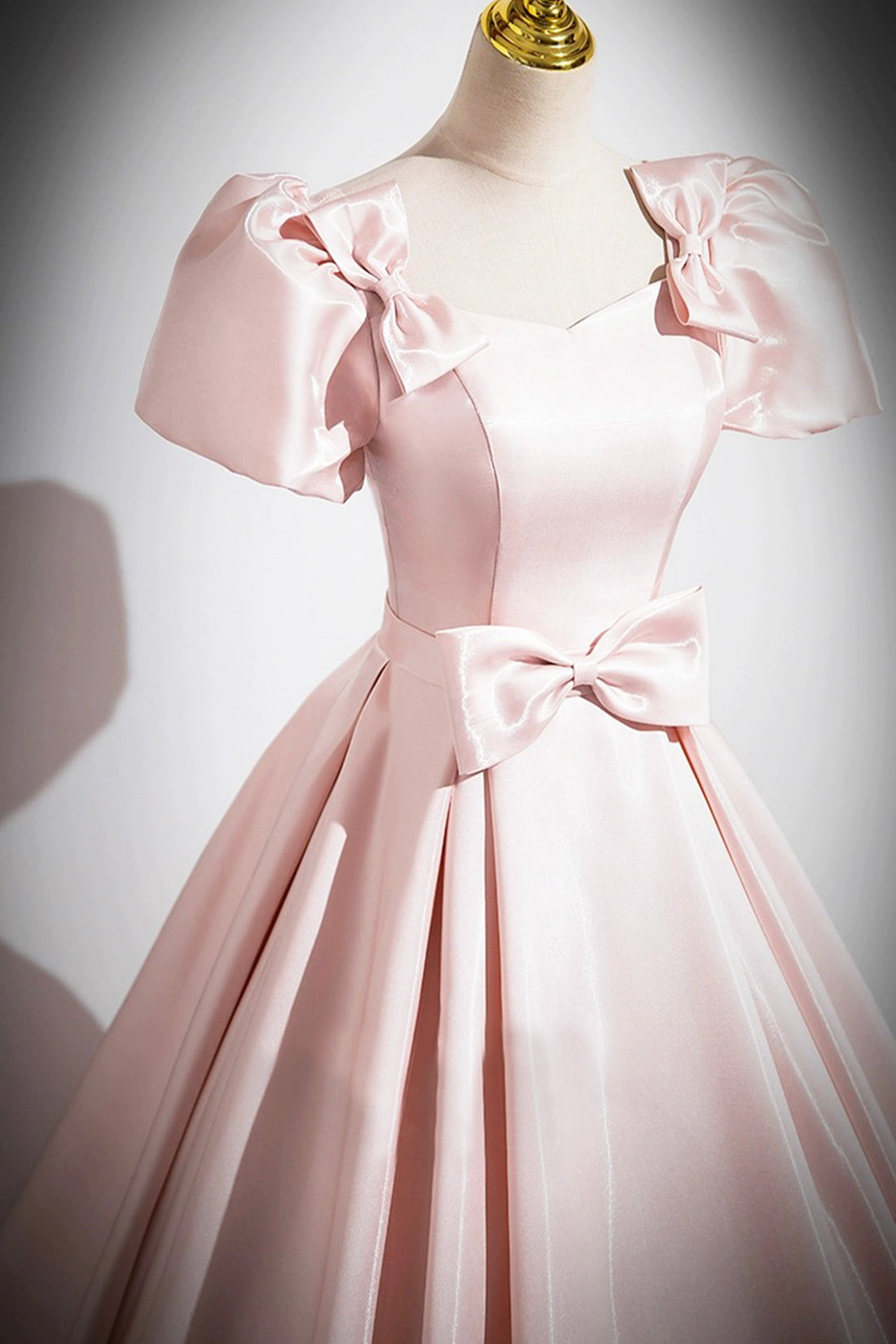 Pink Scoop Neckline Satin Floor Length Prom Dress, Pink Short Sleeve A-Line Party Dress