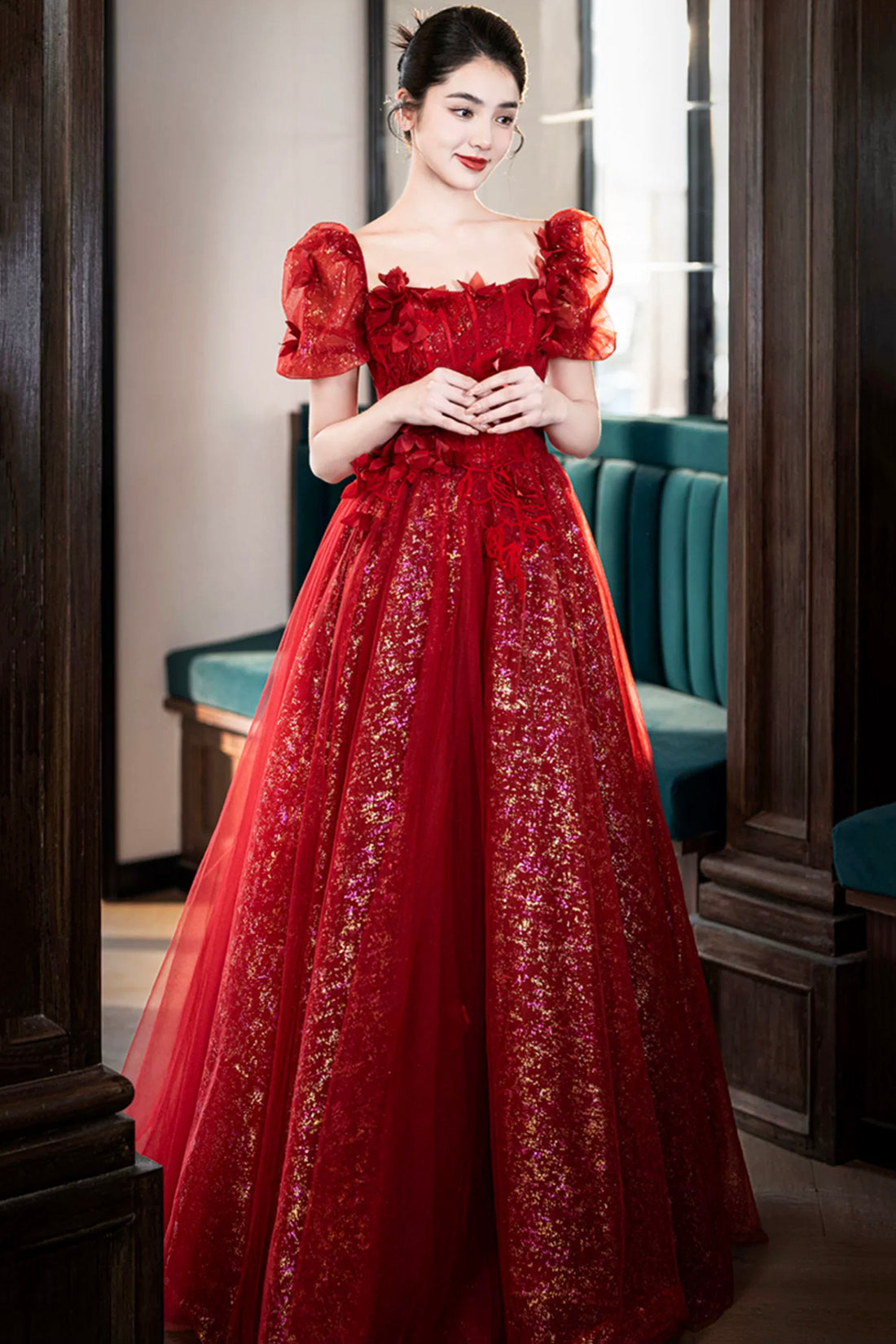 Beautiful Tulle Off the Shoulder Floor Length Prom Dress, Dark Red Short Sleeve Evening Dress