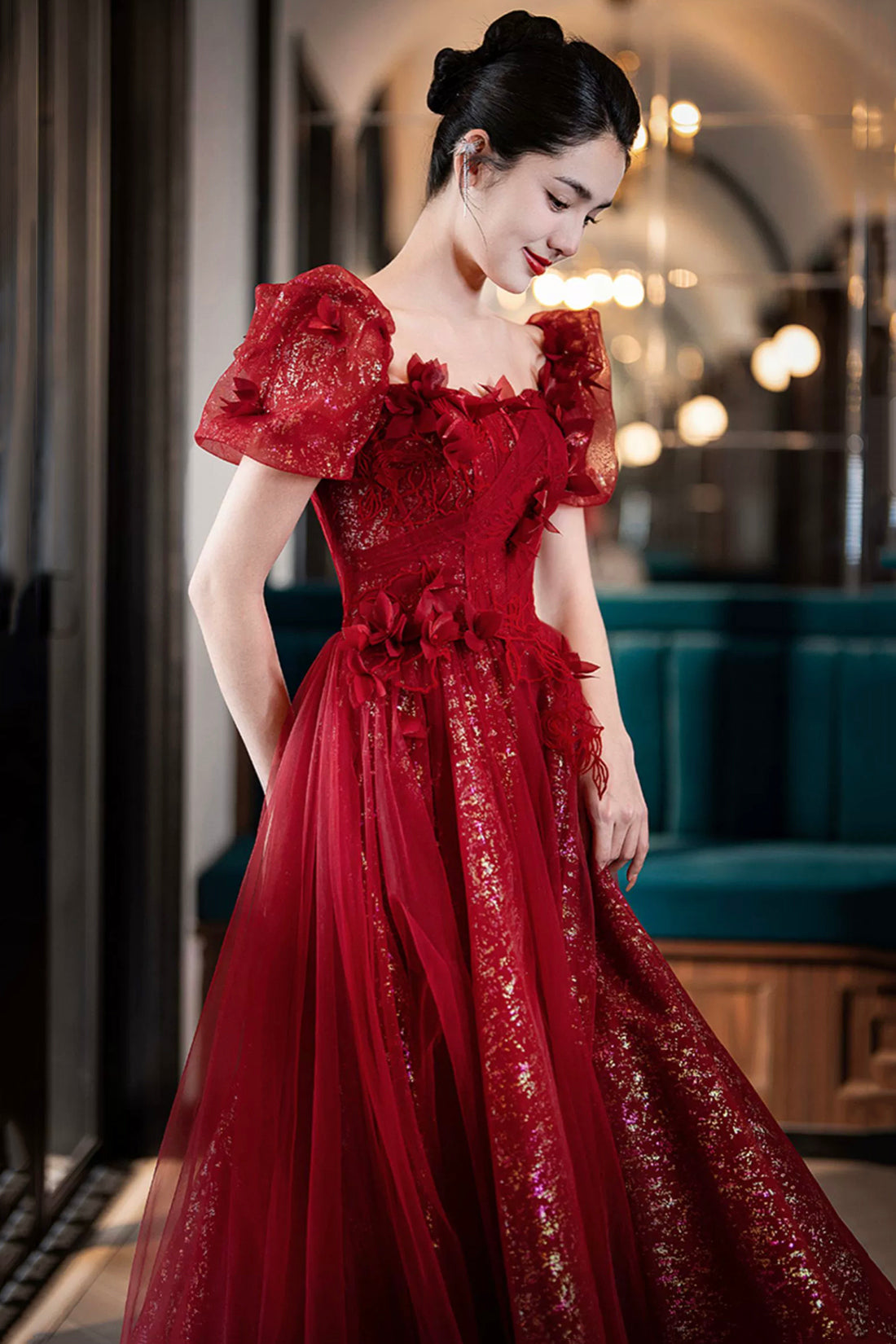 Beautiful Tulle Off the Shoulder Floor Length Prom Dress, Dark Red Short Sleeve Evening Dress