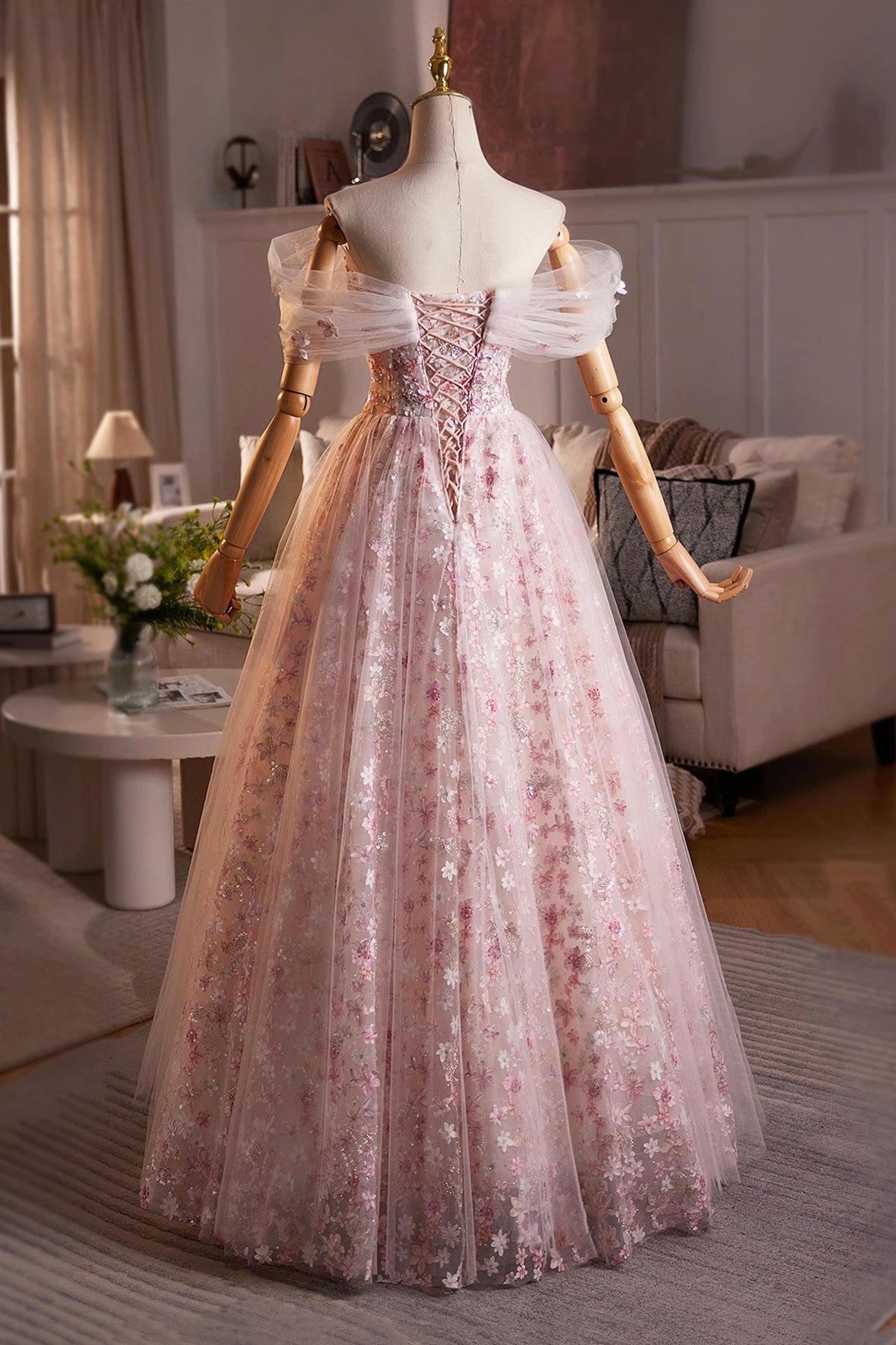 Beautiful Pink Beading Appliques Prom Dress, A-Line Off the Shoulder Evening Dress