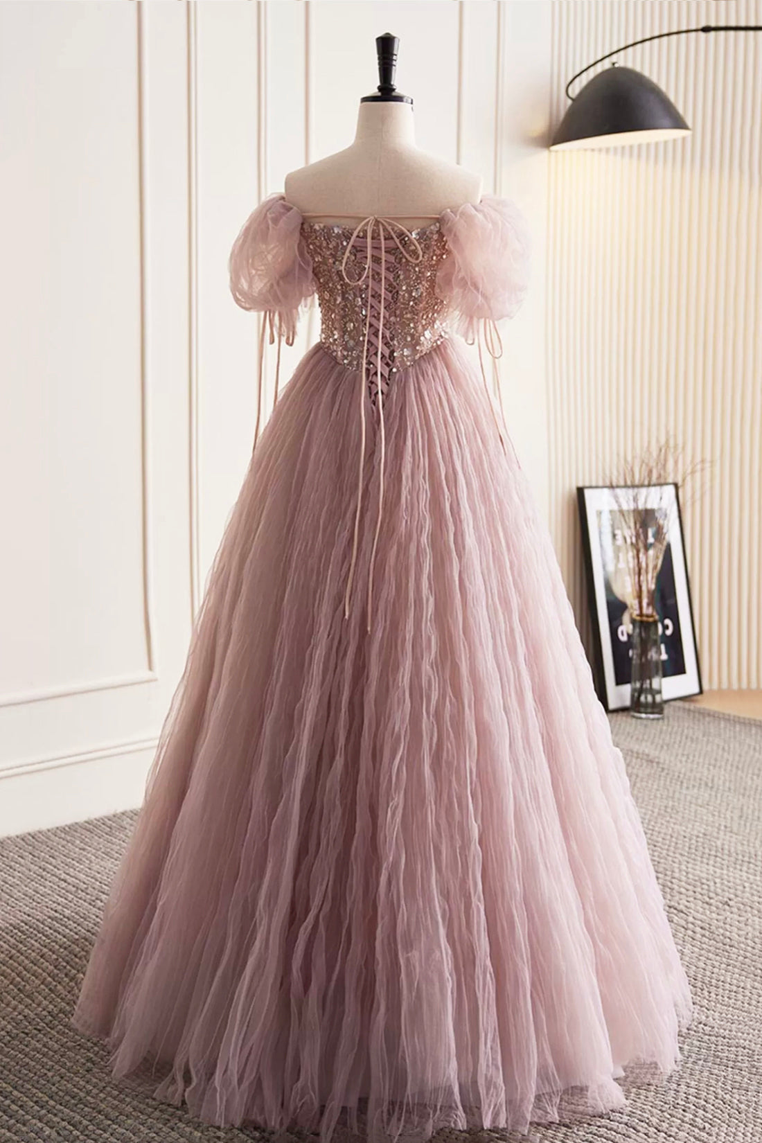 Pink Tulle Sequins Floor Length Prom Dress, Beautiful Off the Shoulder Evening Party Dress
