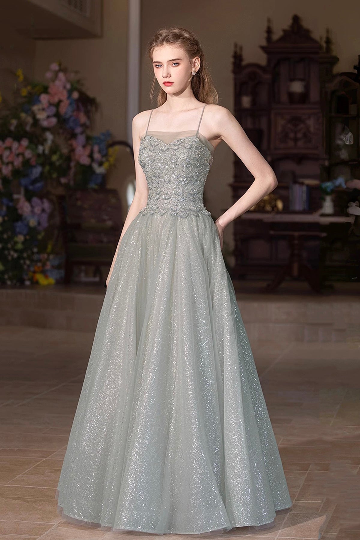 Beautiful A-Line Tulle Sequins Long Prom Dress, Gray Green Spaghetti Strap Party Dress