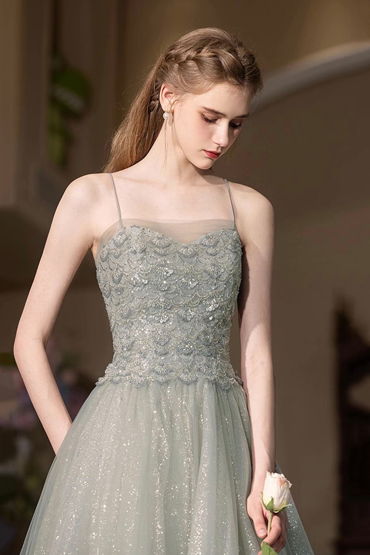 Beautiful A-Line Tulle Sequins Long Prom Dress, Gray Green Spaghetti Strap Party Dress