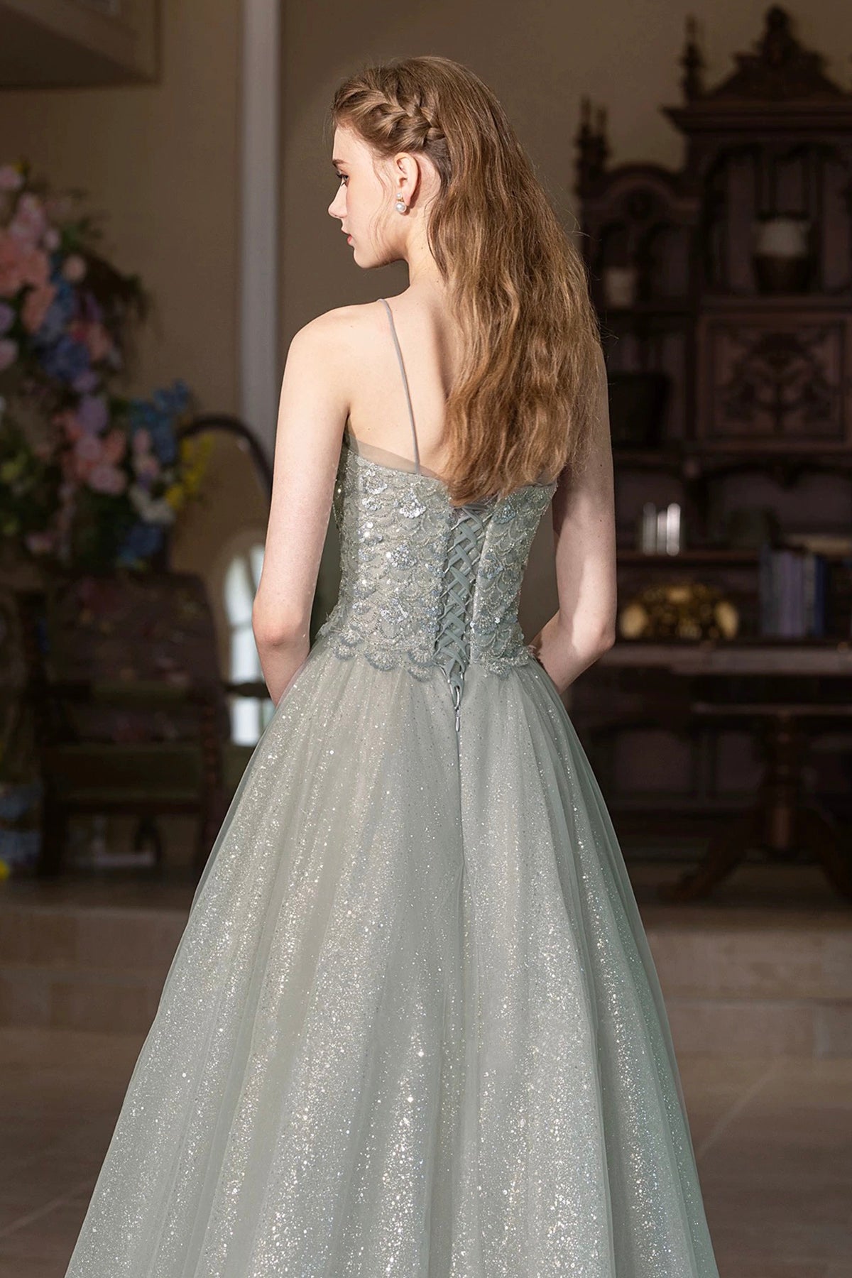 Beautiful A-Line Tulle Sequins Long Prom Dress, Gray Green Spaghetti Strap Party Dress