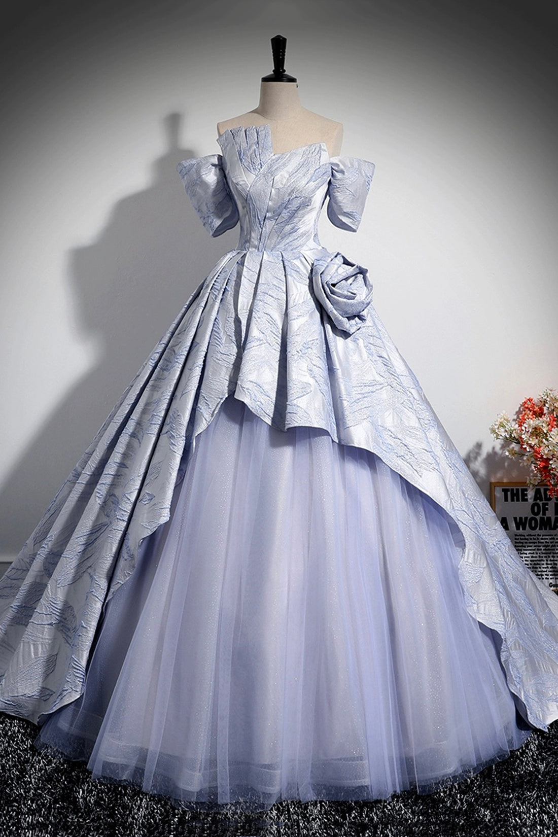 Blue Floor Length Tulle Prom Dress, Off the Shoulder A-Line Evening Party Dress