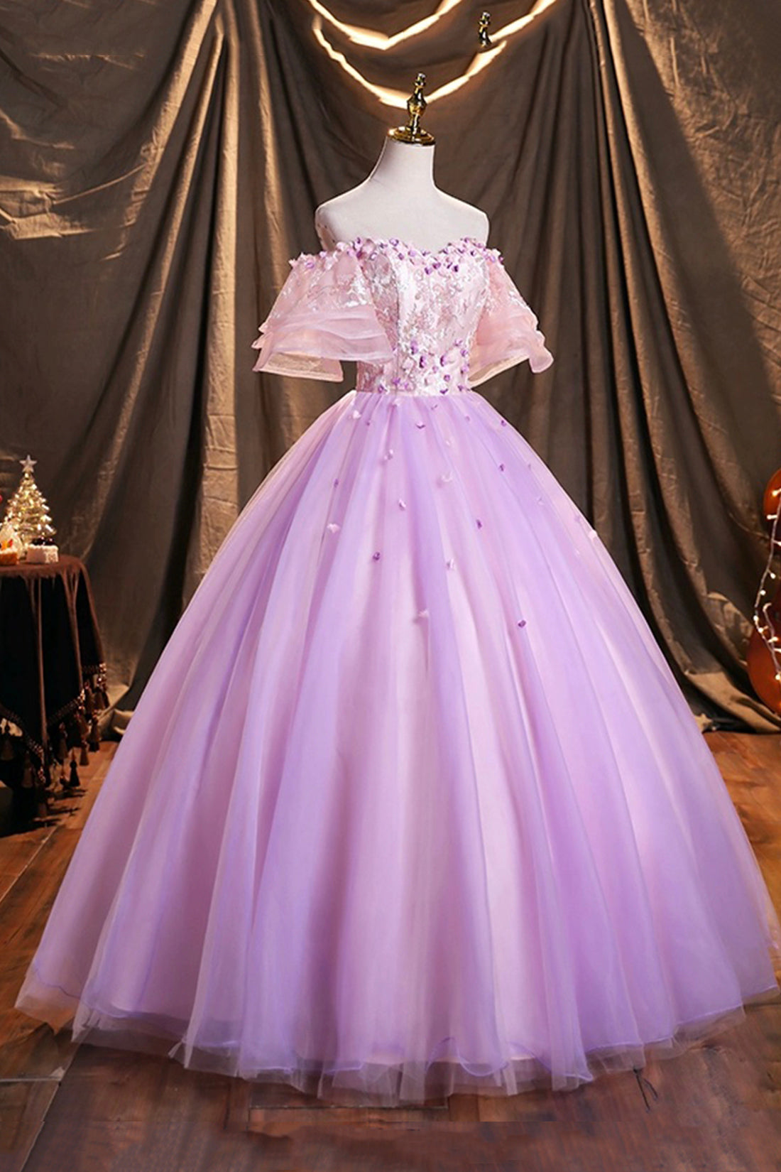 Purple Tulle Sequins Long Prom Dress, Beautiful Off the Shoulder Evening Party Dress