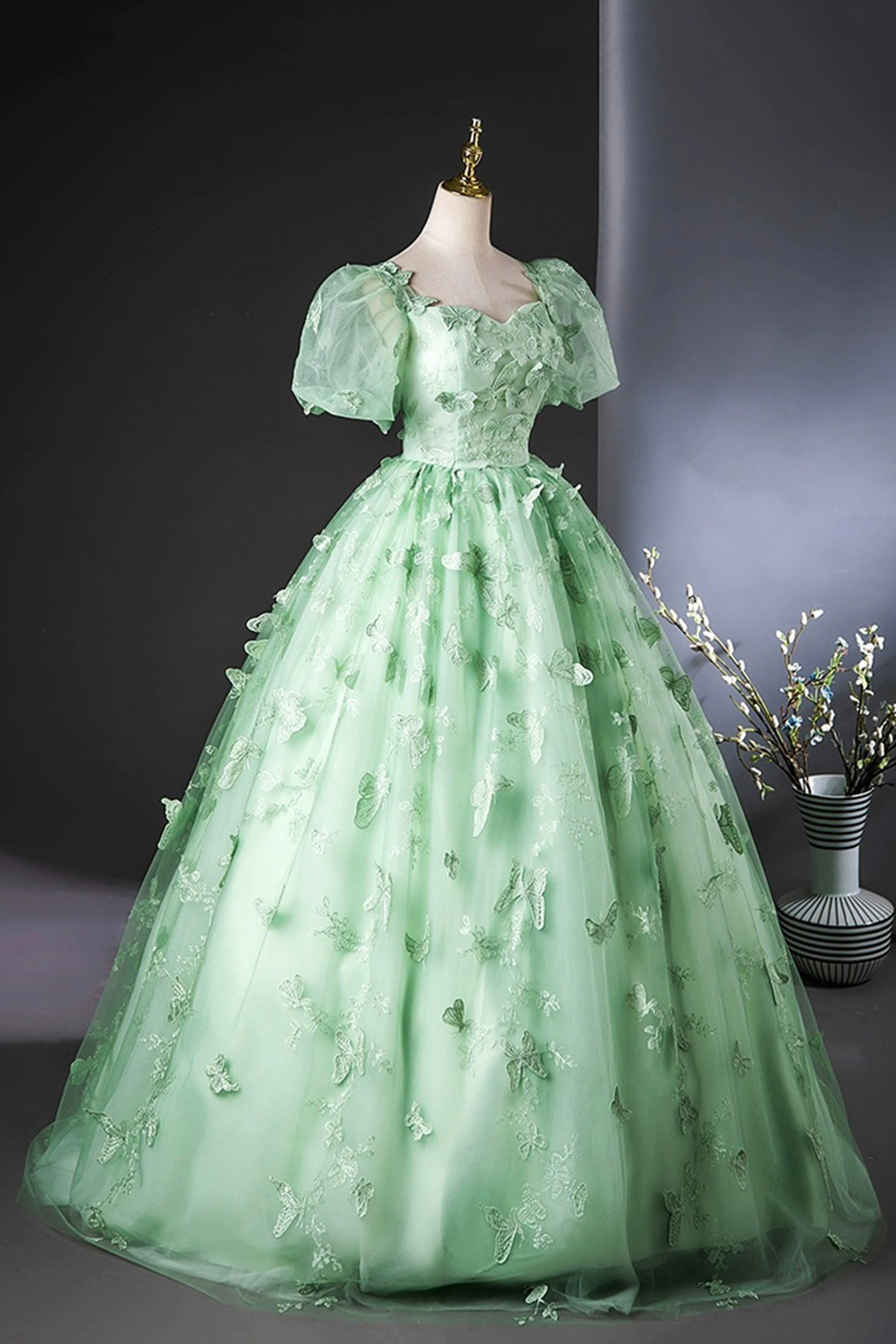 Green Tulle Long A-Line Prom Dress with Butterfly Lace, Beautiful Short Sleeve Evening Dress