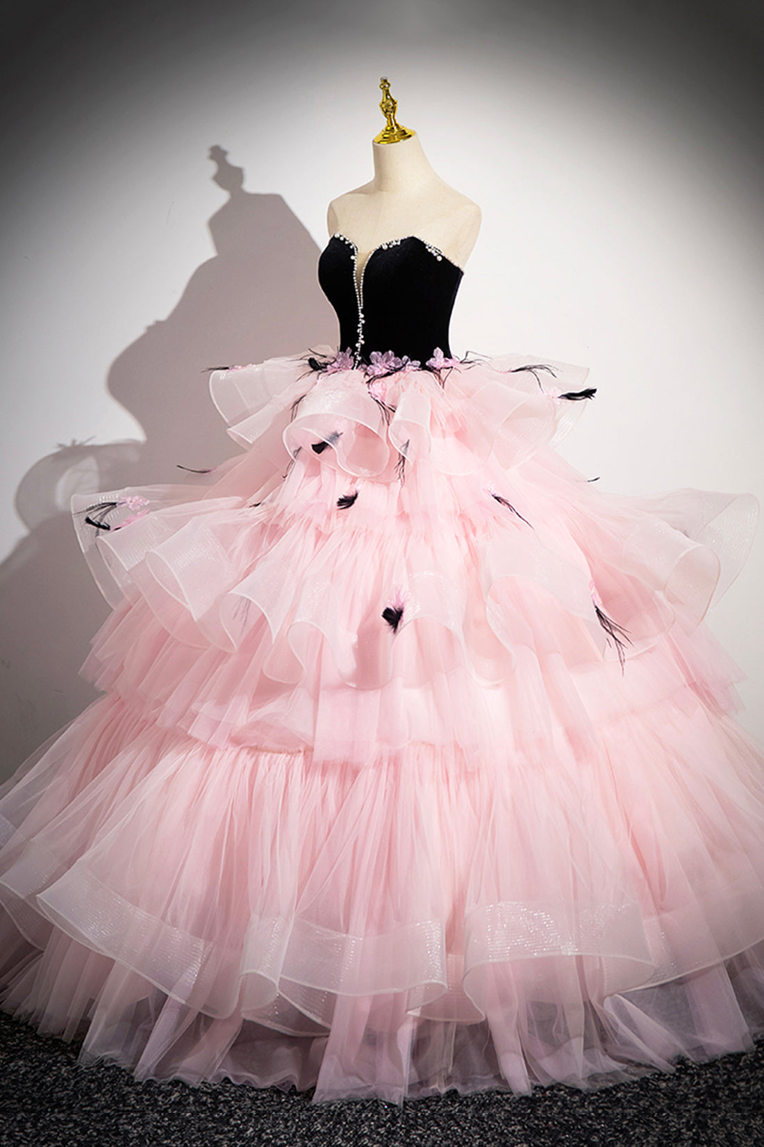 Black Velvet and Pink Tulle Strapless Ball Gown, Pink Backless Ruffles Formal Evening Dress