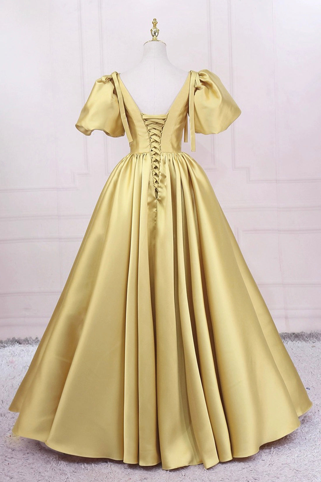 Yellow V-Neck Satin Long Prom Dress, A-Line Puff Sleeves Evening Party Dress