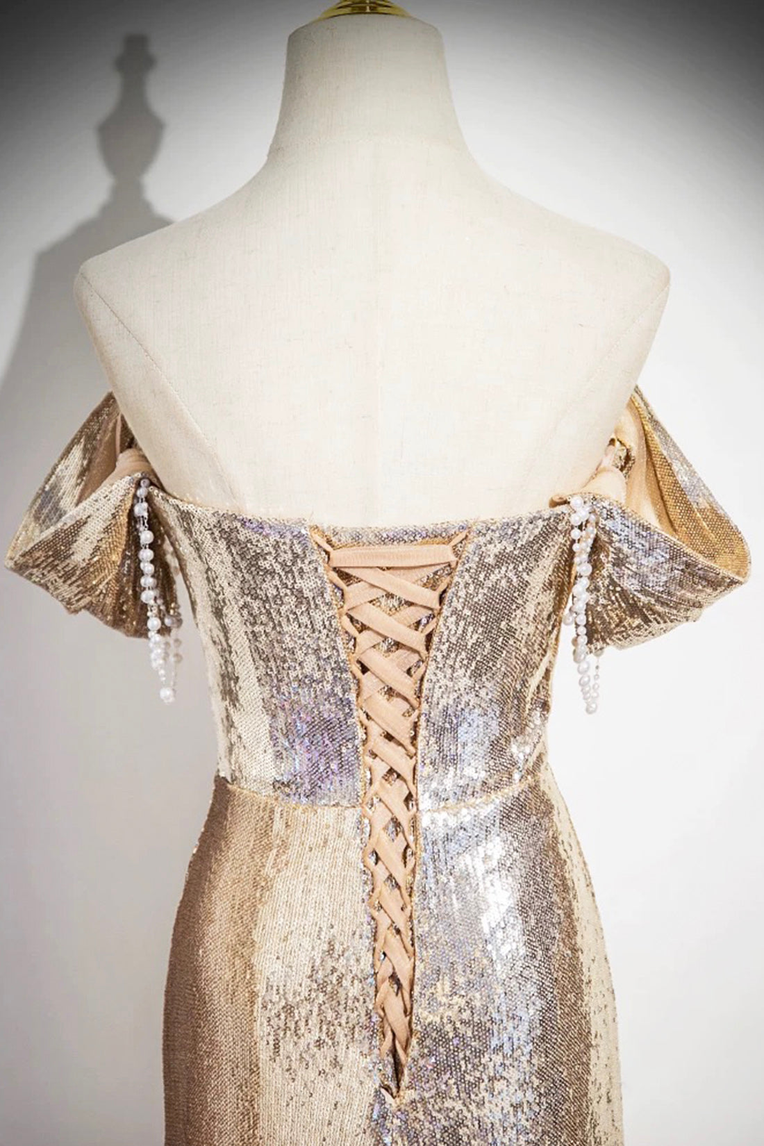Gold Sequins Long Prom Dress, Shiny Off the Shoulder Backless Evening Party Dress