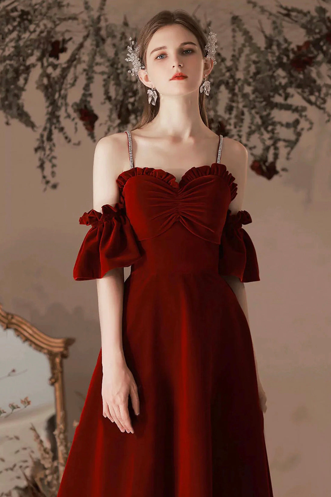 Burgundy Velvet Floor Length Prom Dress, Burgundy A-Line Spaghetti Strap Evening Dress