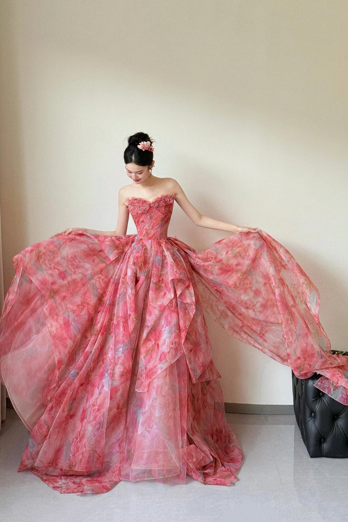 Red Floral Print Long Prom Dress, A-Line Strapless Evening Dress