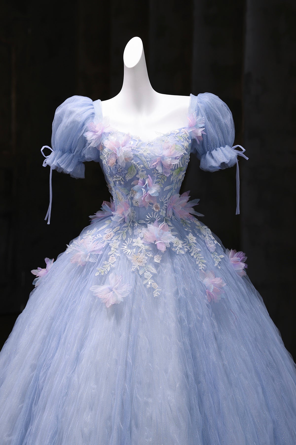 Blue Tulle Sequins Long Prom Dress, Blue A-Line Short Sleeve Party Dress