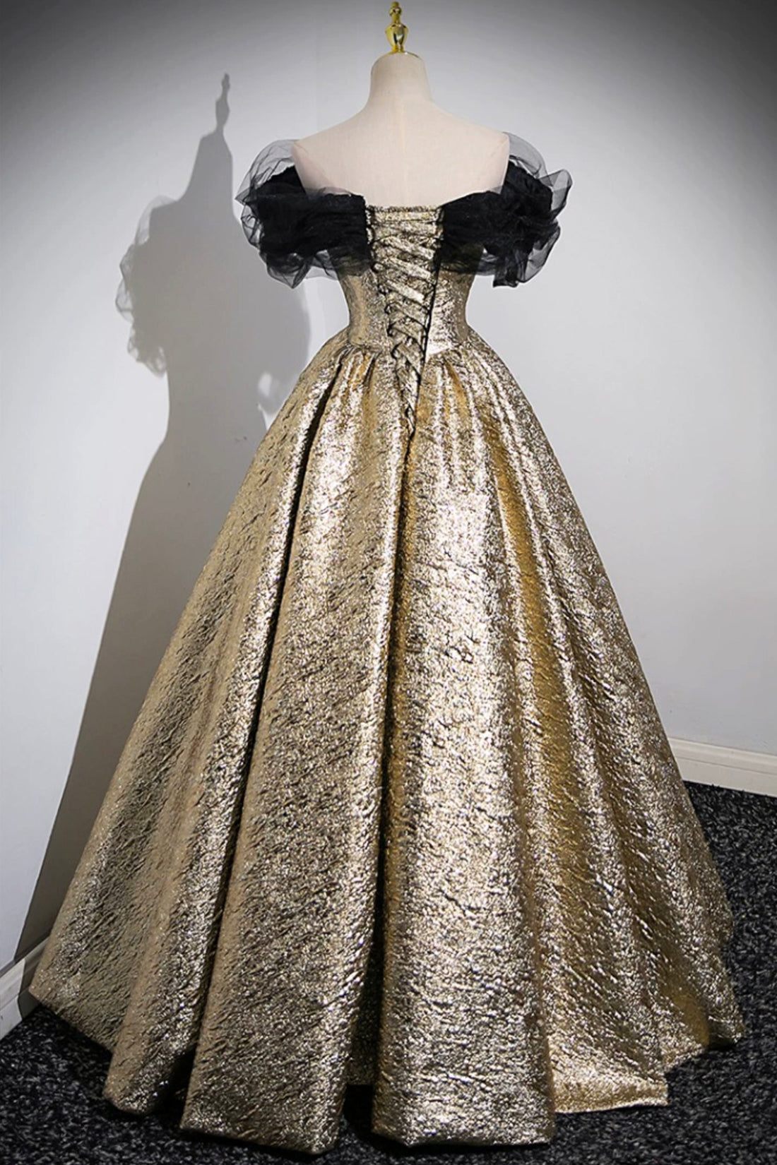 Sparkly Black and Gold Glitter Prom Dresses Ball Gown, Off the Shoulder Evening Party Dress