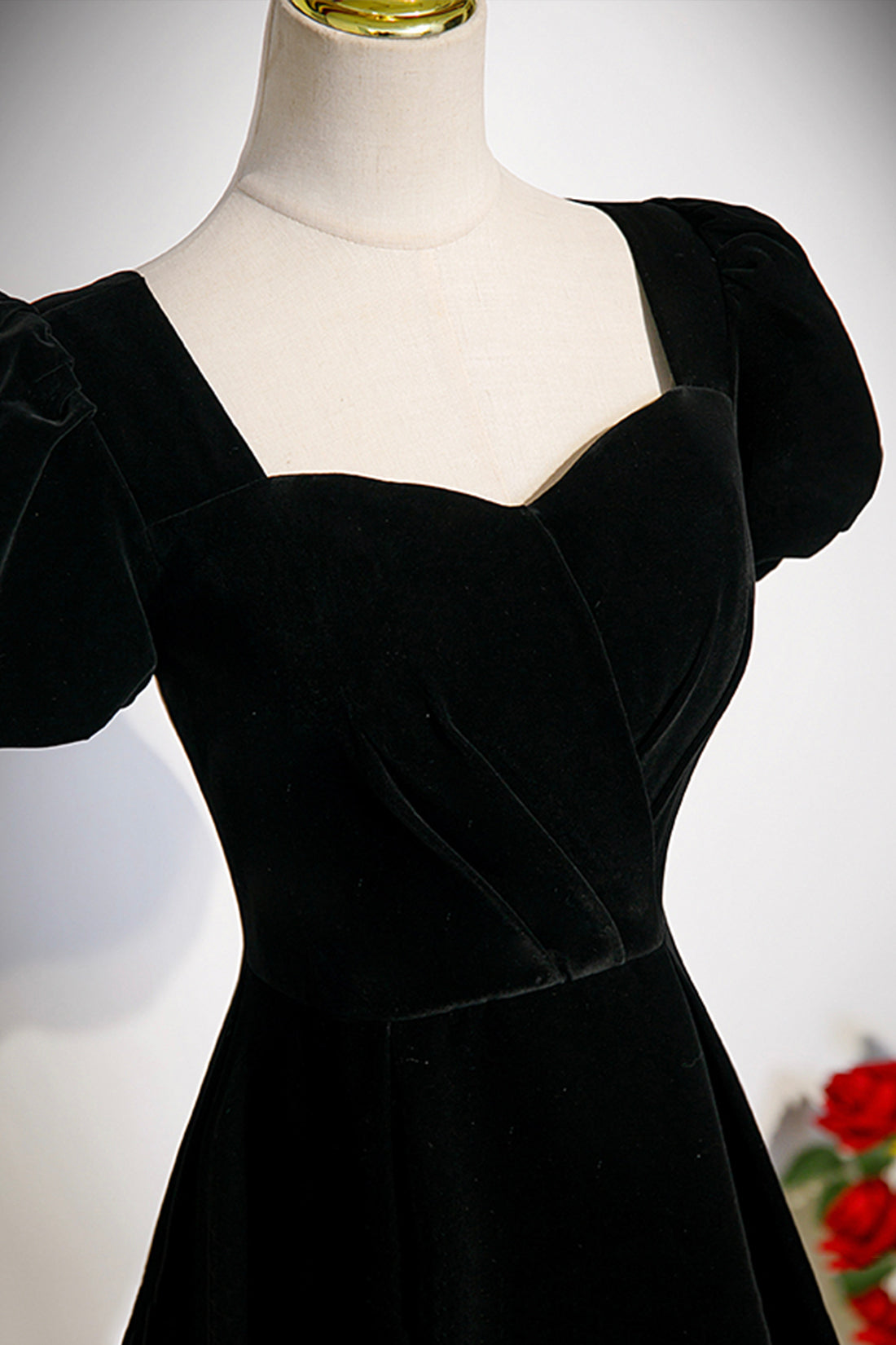 Black Velvet Short Sleeve Floor Length Prom Dress, Simple A-Line Evening Party Dress