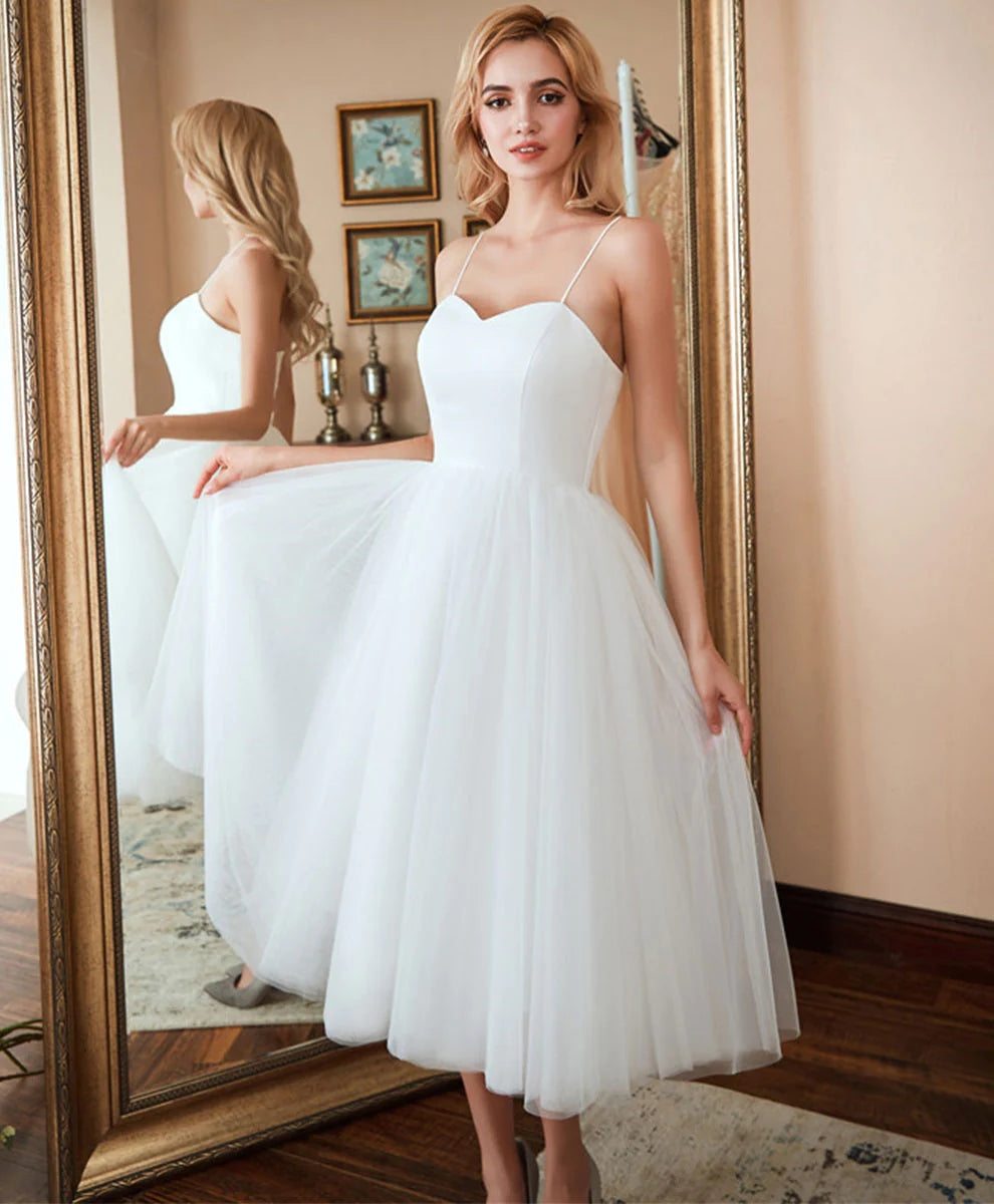 Sweetheart Ivory Tulle Prom Dress Tea Length Graduation Dress,WP385