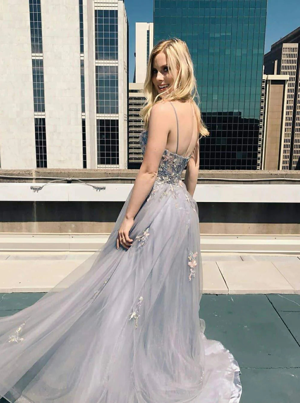 A-Line Gray Tulle Long Prom Dress With Appliques,WP342