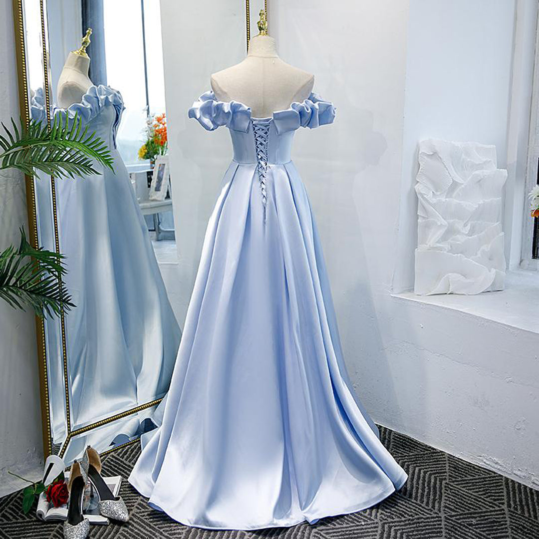 Off The Shoulder Blue Satin Long Prom Dress Long Evening Dress,WP226