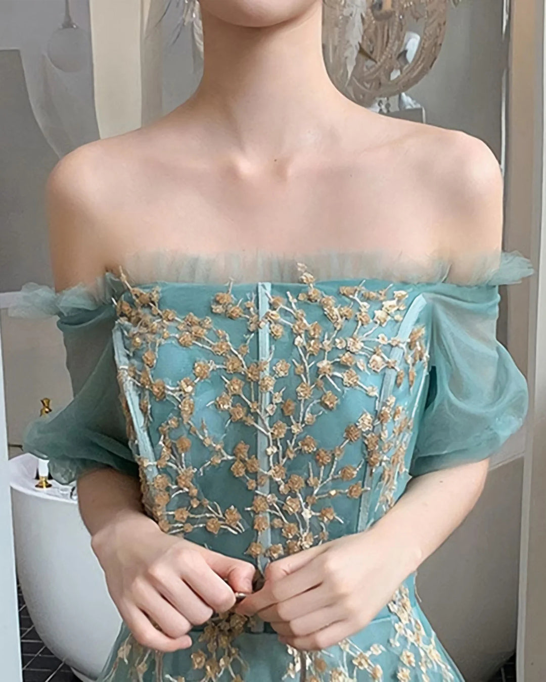 Off The Shoulder Green Tulle With Gold Lace Appliqued Prom Dresses,WP370