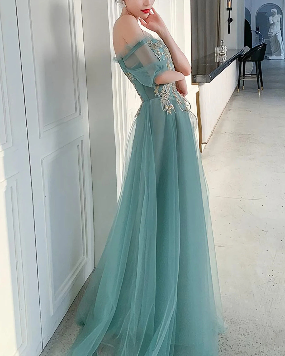 Off The Shoulder Green Tulle With Gold Lace Appliqued Prom Dresses,WP370
