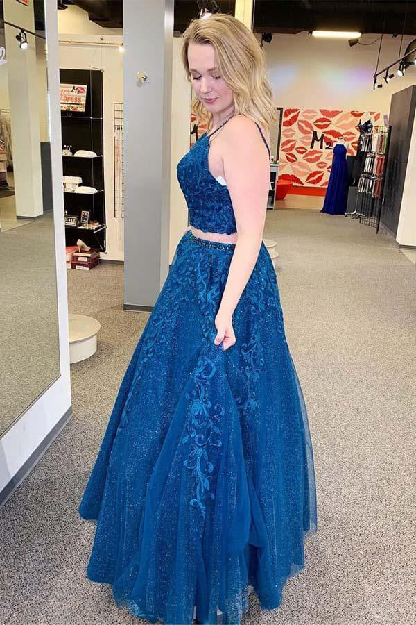 Sparkly Two Piece Tulle Prom Dress Appliques Formal Dress,WP169