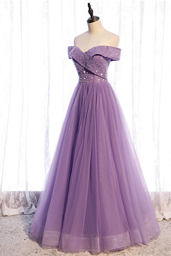 Off The Shoulder Organza Long Prom Dress Beaded Evening Dress,WP208