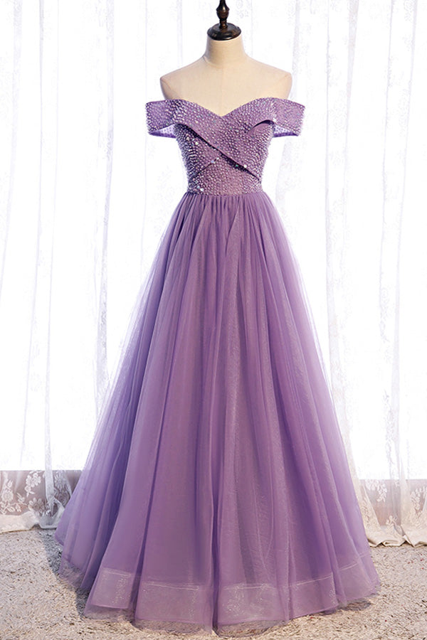 Off The Shoulder Organza Long Prom Dress Beaded Evening Dress,WP208